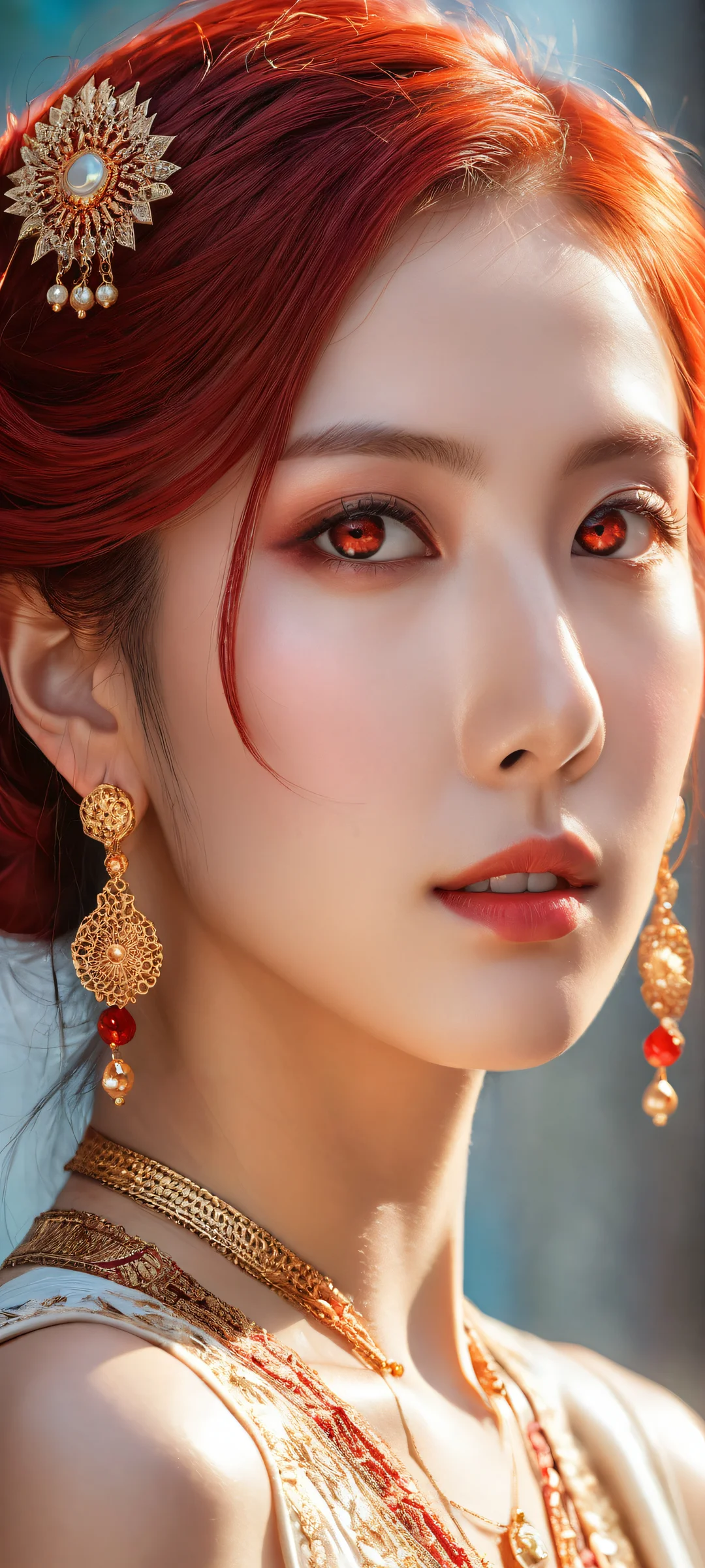 A stunning anime girl with intricate red hair and eyes, iPhone/Androidのホーム画面に完全に最適化.