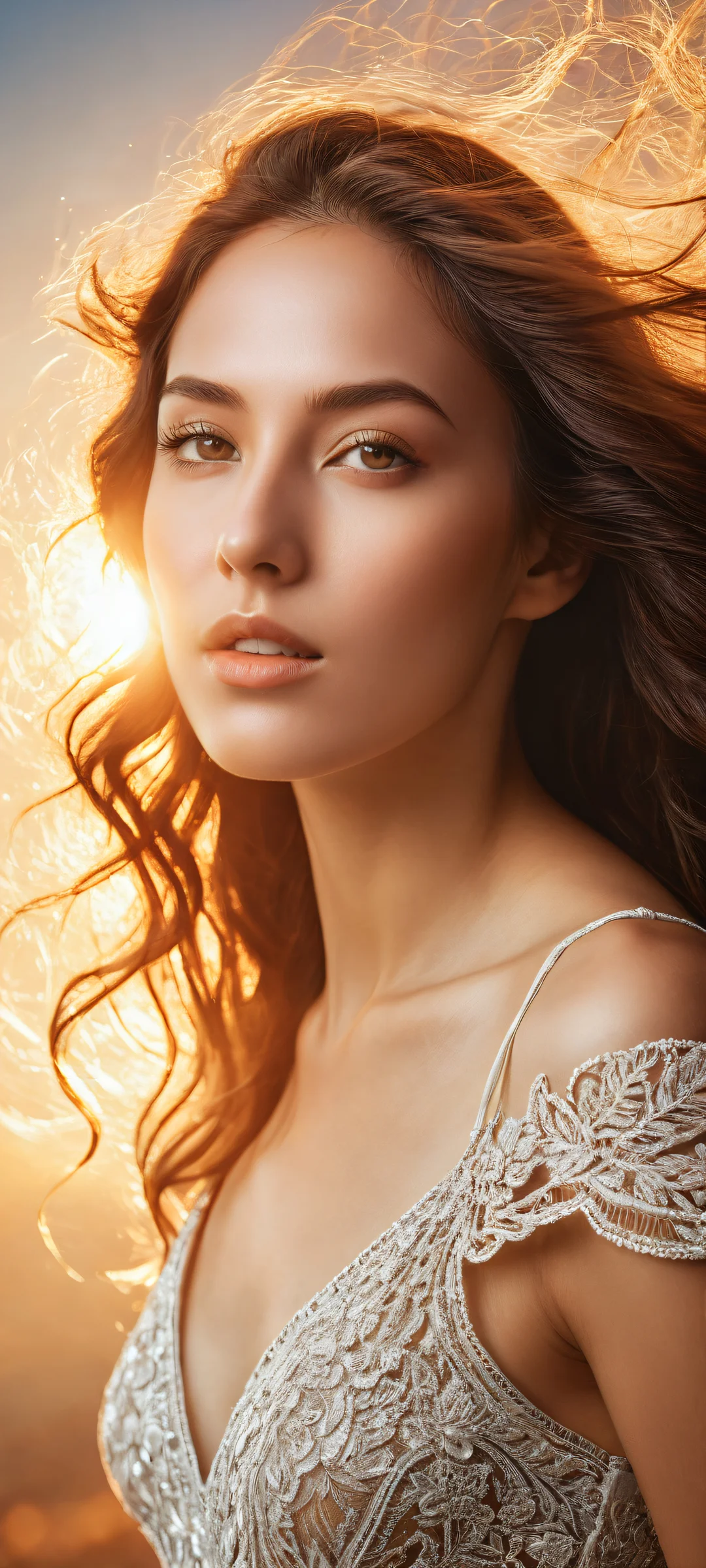 A young woman radiates an aura of amazement on iPhone/Android home screens, with intricate details and a subtle gradient fade-out effect.