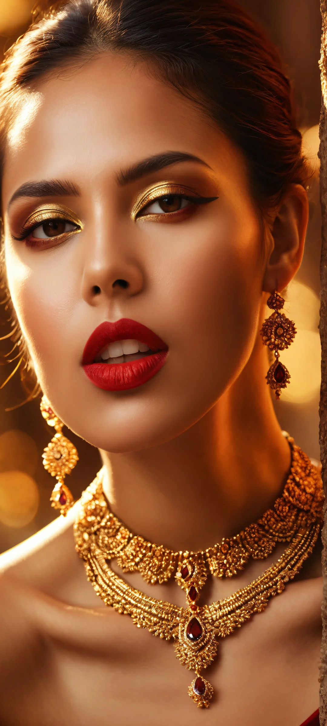 A stunning portrait of a sultry beauty on iPhone/Android, with intricate necklace and earring details, surrounded by a vast pure void.