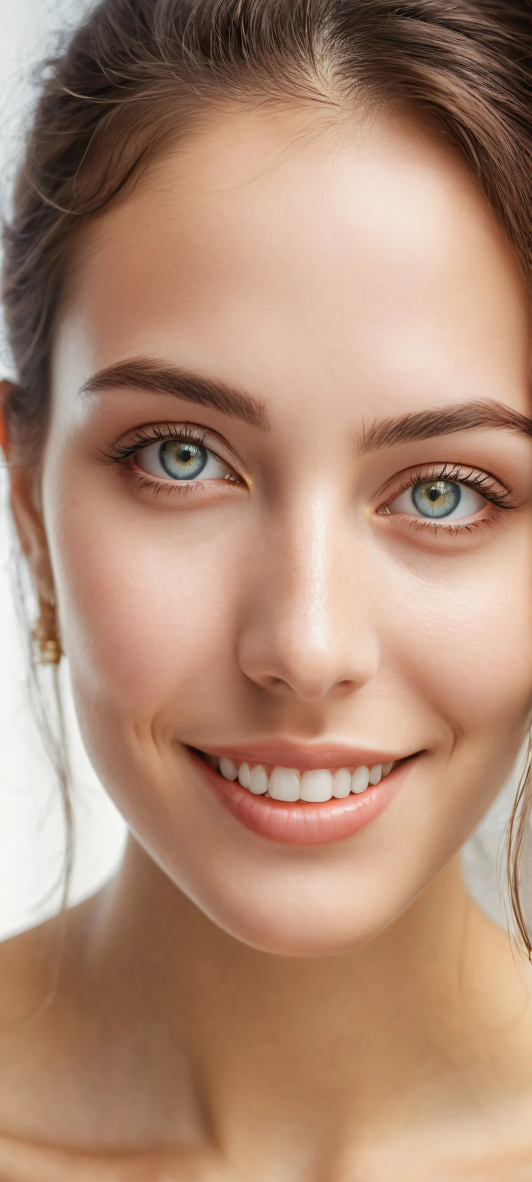 A stunning portrait of a woman with perfect facial features and hair, set against a clean and empty background for optimal UI and breathing space. Perfectly suited for iPhone and Android home screens.