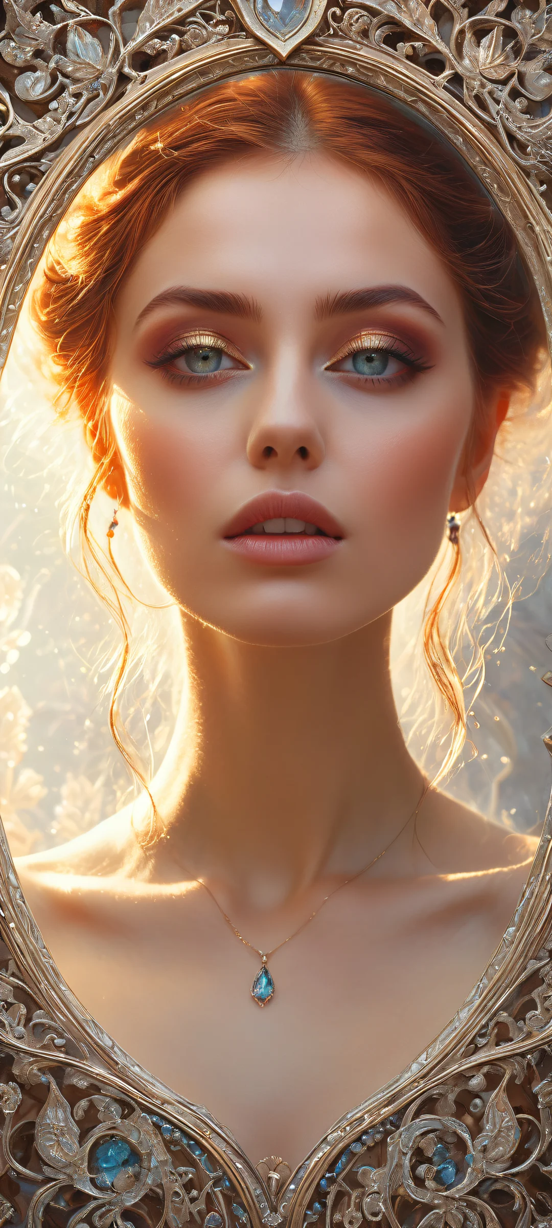 Ethereal Radiance Aesthetic Phone Wallpaperund Android-StartbildschirmeSamsung GalPerfekt optimiert für das iPhone A stunning woman placed in a mystical frame with gossamer filigree and gemstones. Perfectly optimized for iPhone, Samsung Galaxy, and Android home screens.