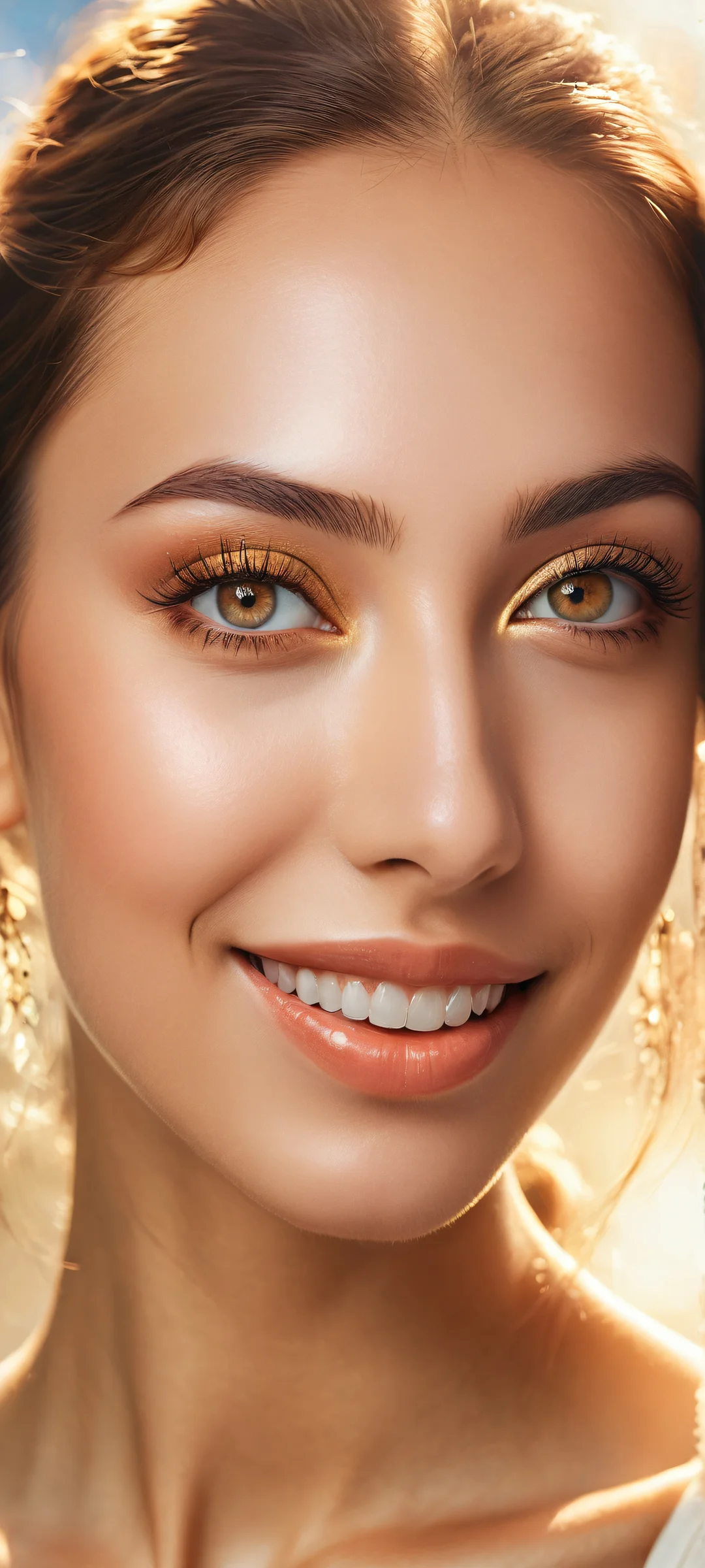 Ethereal Radiance QHD Smartphone BackgroundiPhone/Androidのホーム画面に完全に最適化 A young woman with radiant smile and luscious eyelashes on a pure void background, perfectly optimized for iPhone/Android home screens.