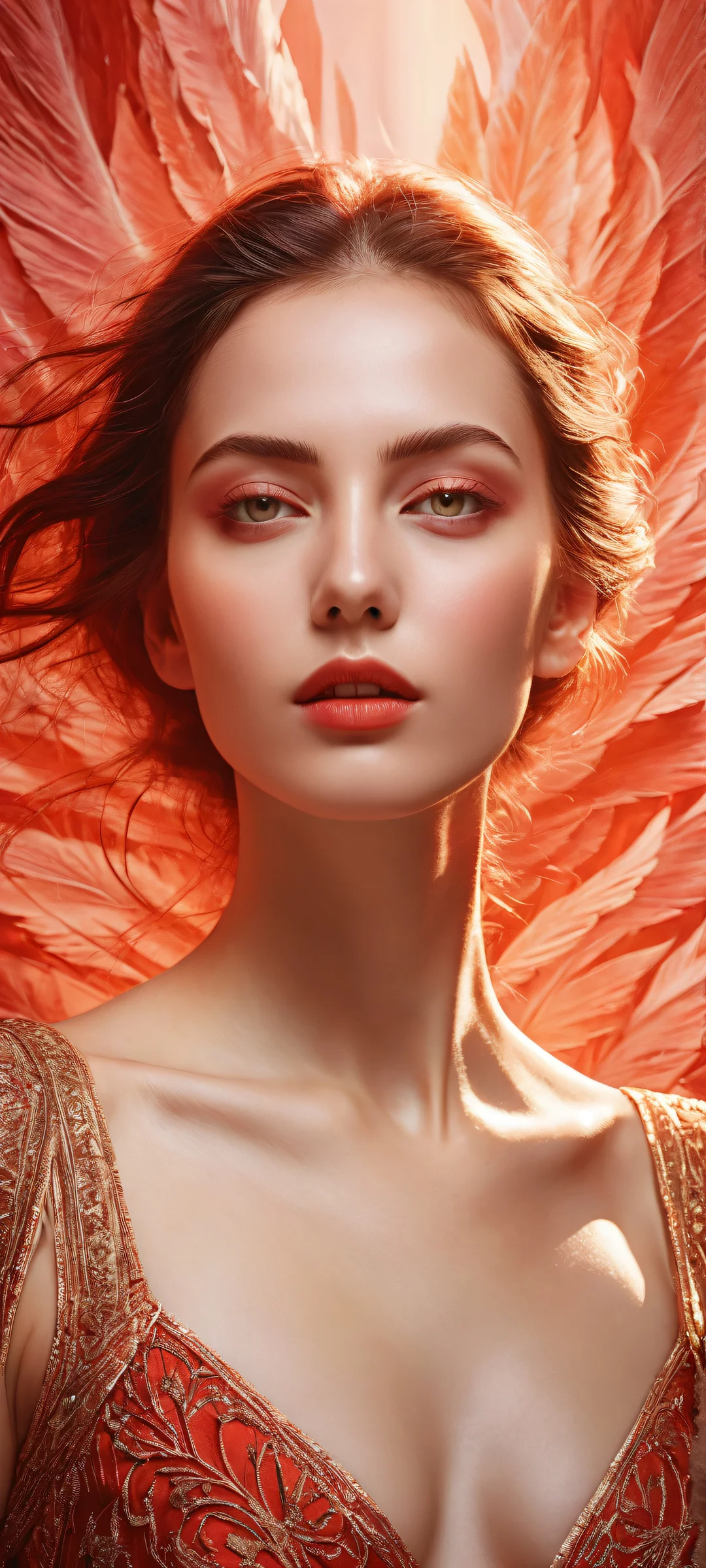 A stunning portrait of a woman with intricate hair details and radiant red hues, perfect for iPhone or Android home screens.