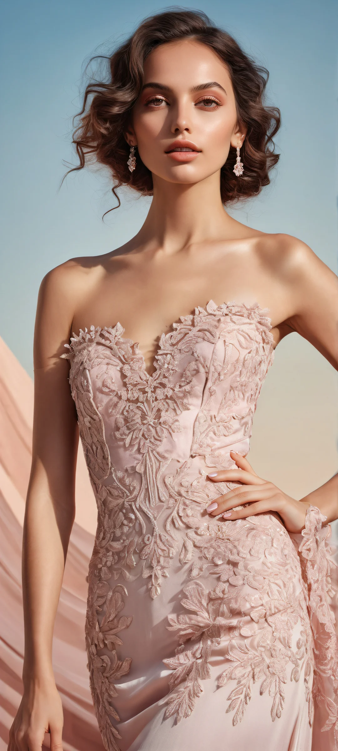 Stunning brunette woman Nastya Ivanov with pink dress and subtle gradient background, perfectly optimized for iPhone/Android home screens.