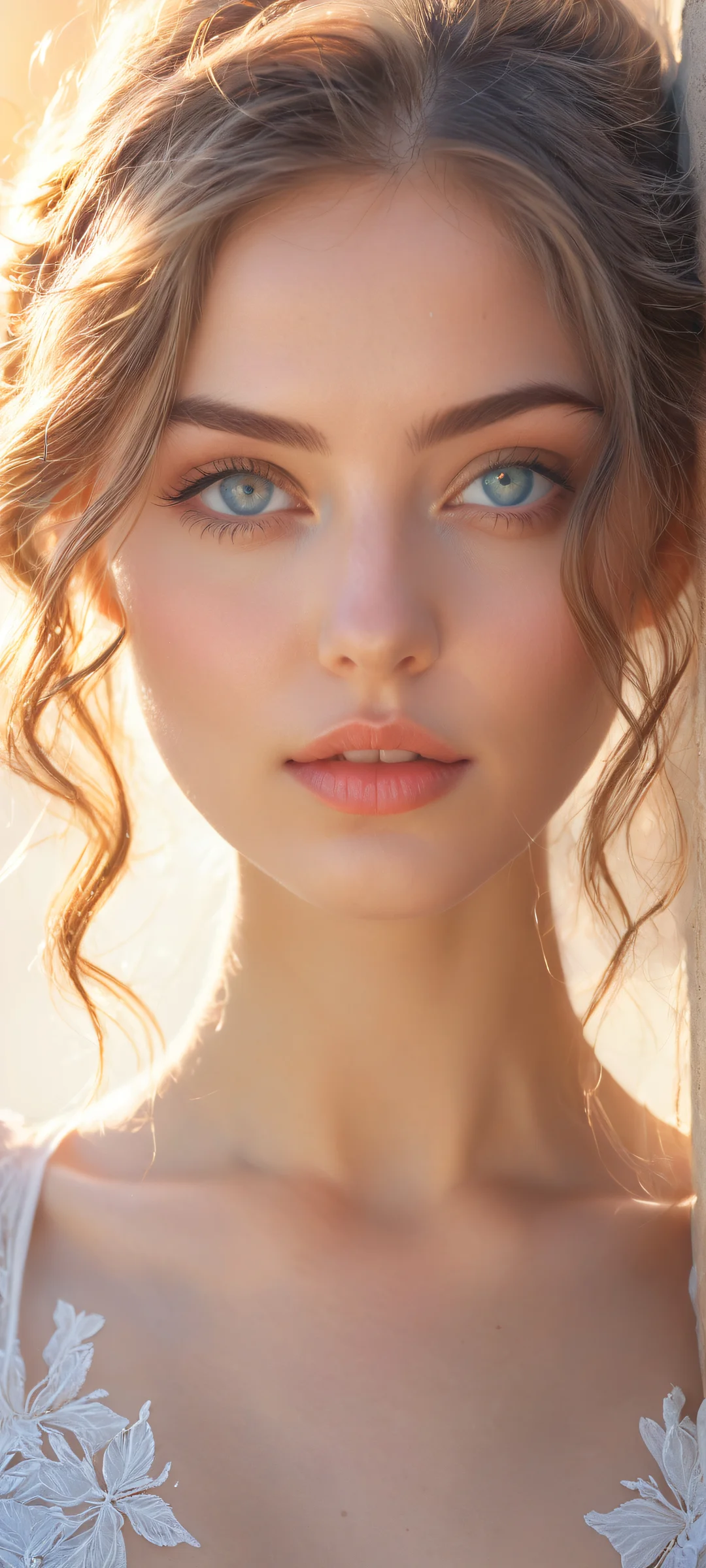 Ethereal Radiance 2K Phone Wallpaper iPhone and Android user's serene beauty wallpaper featuring intricate eye details, celestial landscape, and softbox lighting.