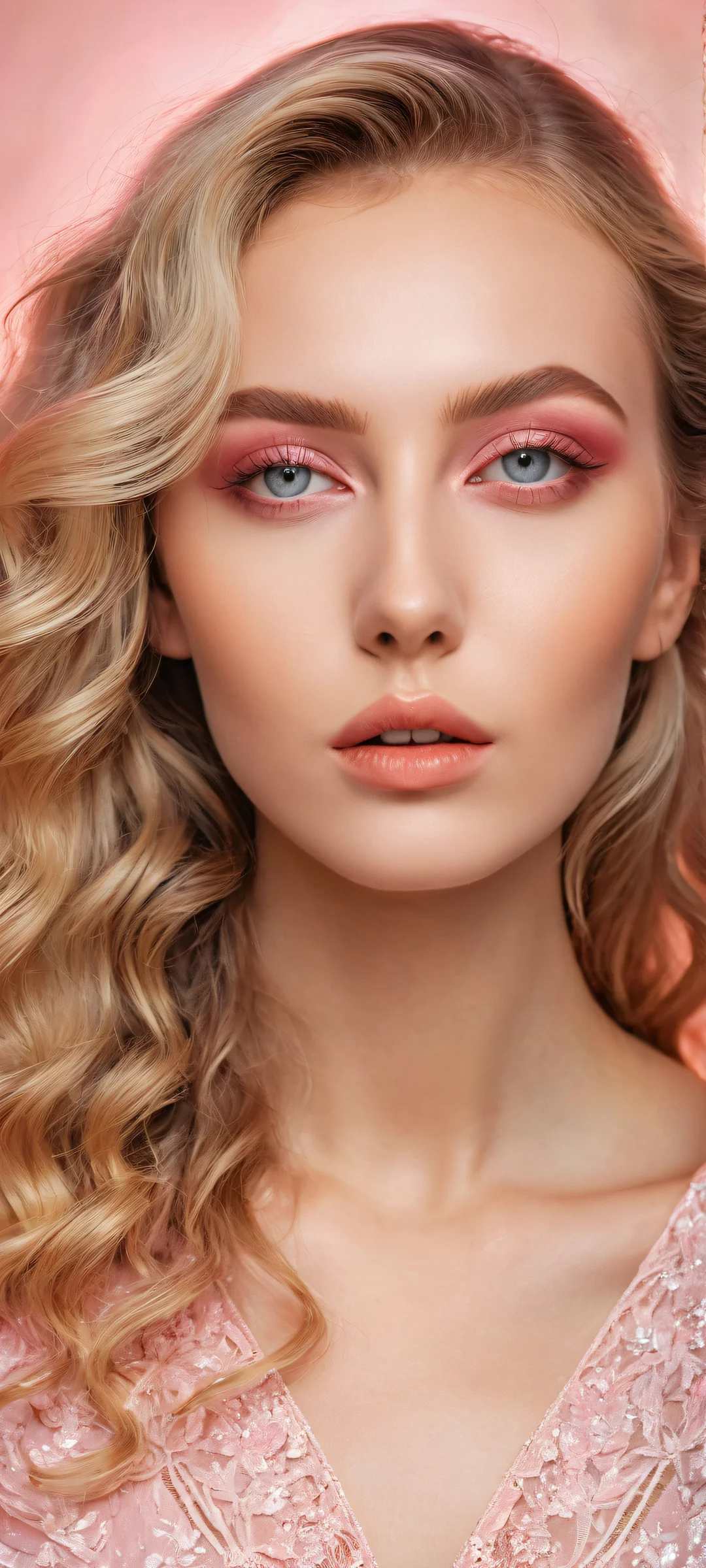 Nastya portrait artwork with iPhone/Android in mind, featuring stunning makeup and wavy hair details against a clean and empty top half with a blurred couch background.