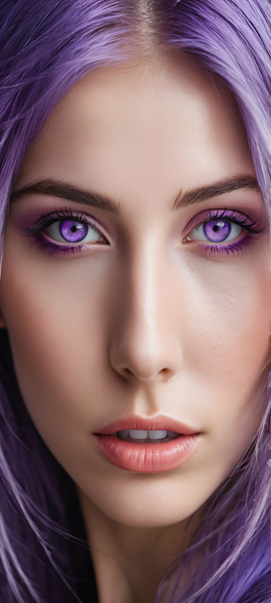 A stunning portrait of a mystical being with piercing purple eyes and vibrant purple hair, perfectly optimized for iPhone/Android home screens.