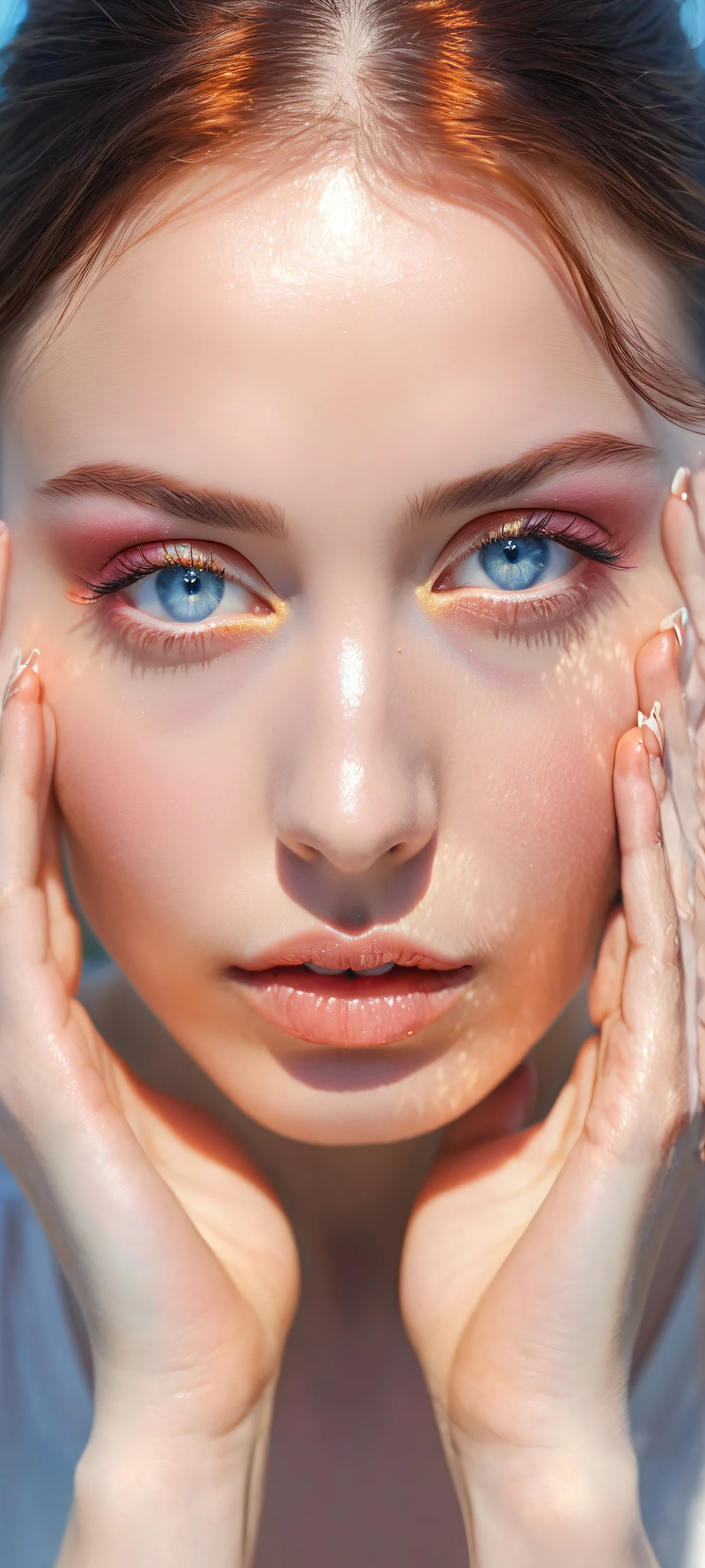 Ethereal Radiance Aesthetic Phone Wallpaperperfekt für iPhone/Android-Startbildschirme A serene portrait of a young woman with intricate details on her eyes and fingers, perfect for iPhone/Android home screens.