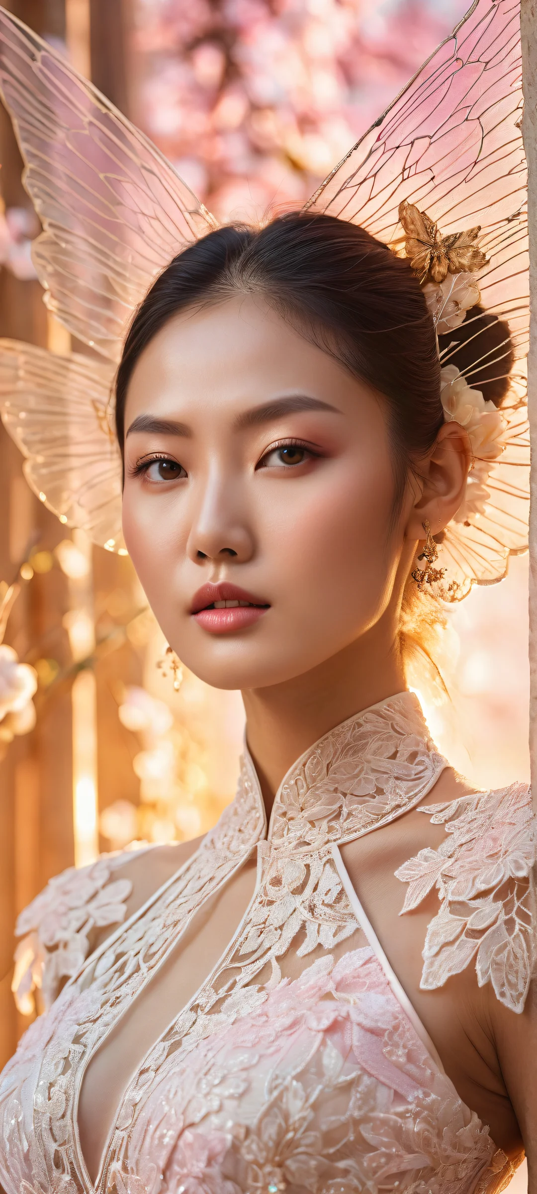 Asian model portrait on iPhone/Android with see-through dress and radiant facial expression. Perfectly clean top half for UI widgets.