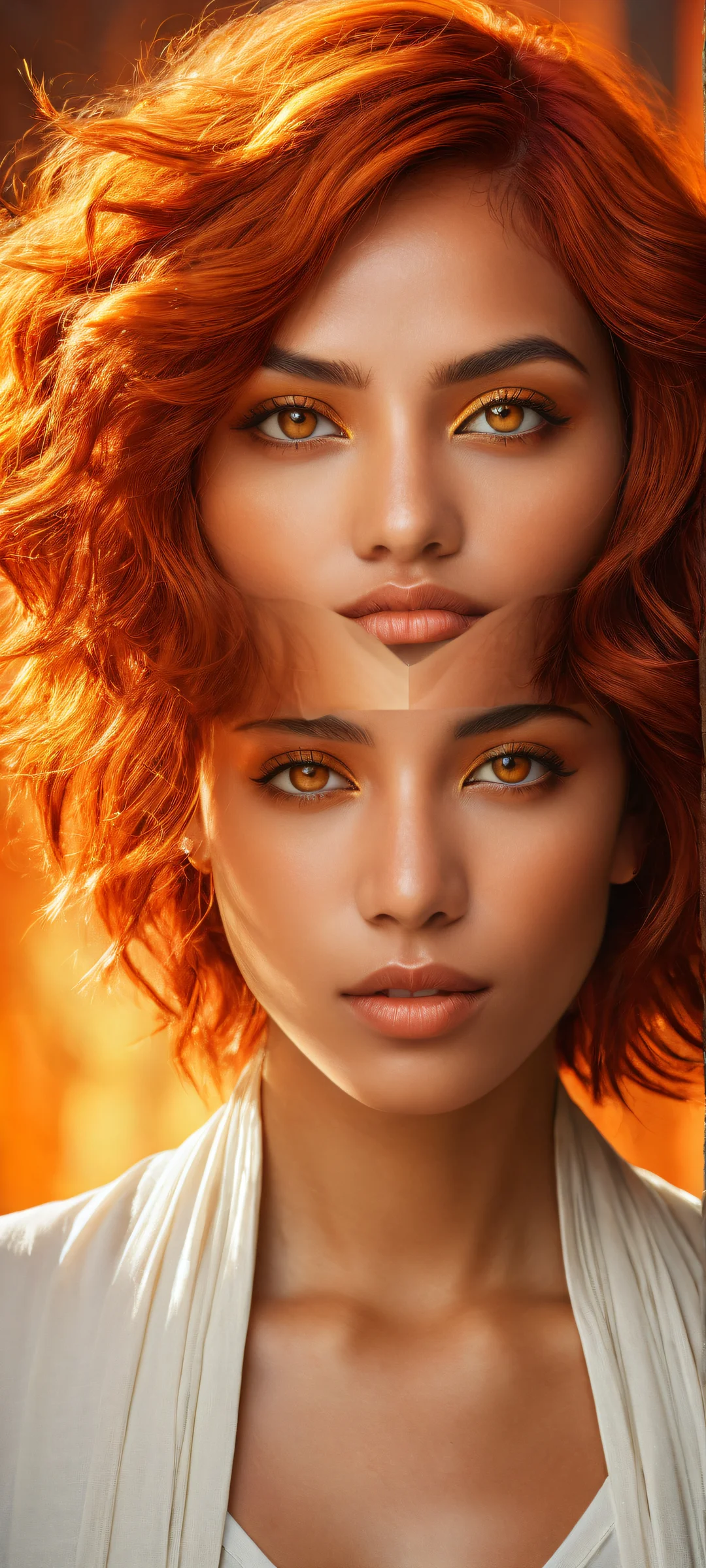 Ethereal Radiance Aesthetic Phone Wallpaper Breathtaking portrait of Chandra with vibrant orange and golden hues on iPhone/Android