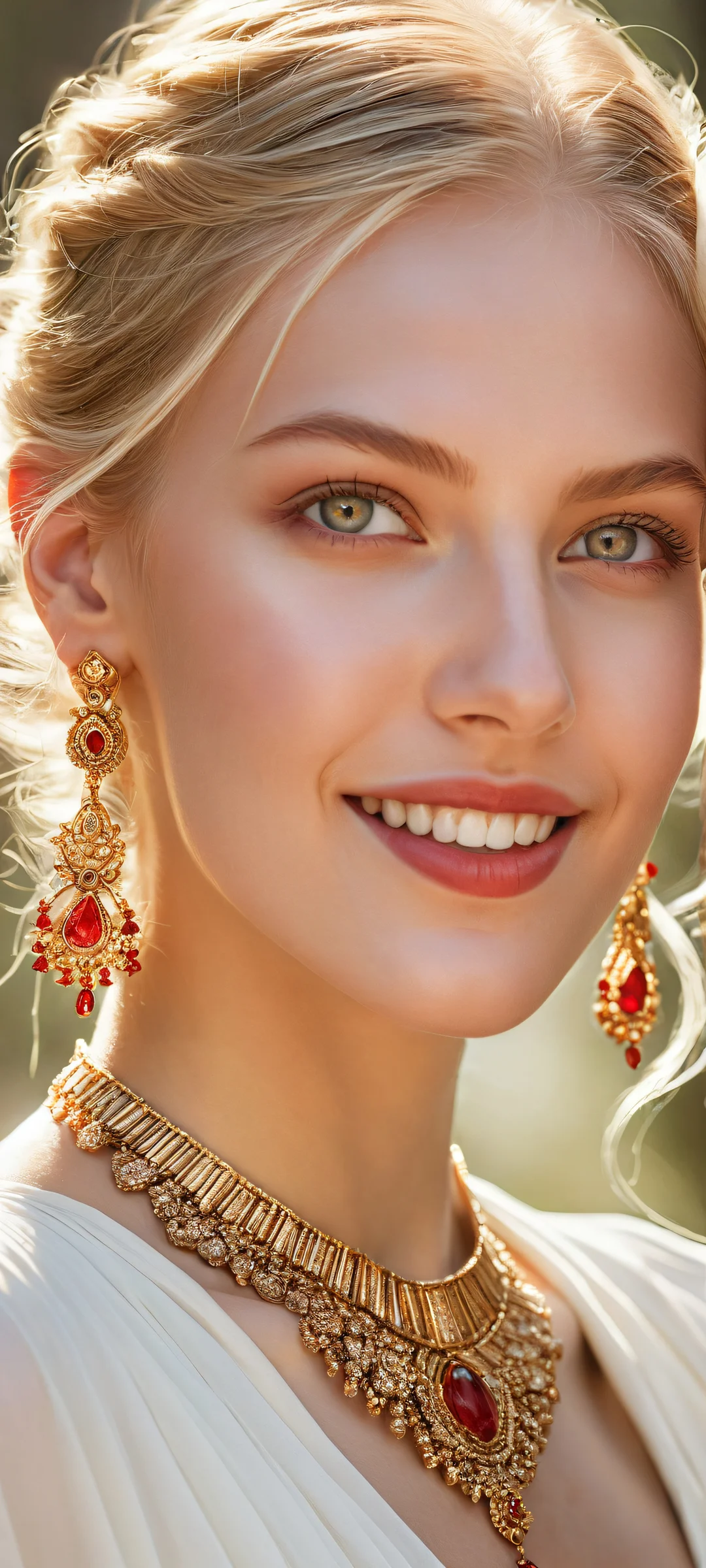 Ethereal Radiance 2K Phone Wallpaper A stunning vertical portrait of a radiant blonde-haired girl with piercing red eyes and intricate jewelry, perfectly optimized for iPhone/Android home screens.