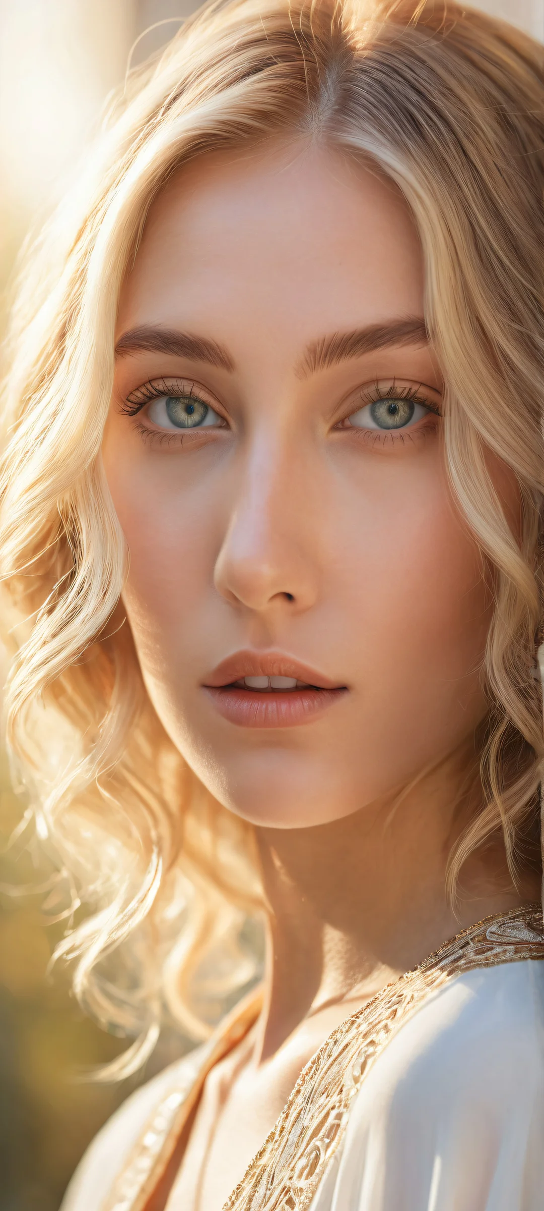 A young blonde woman against a vast pure void background with intricate details and radiant colors. Perfeito para telas iniciais de iPhone/Android.