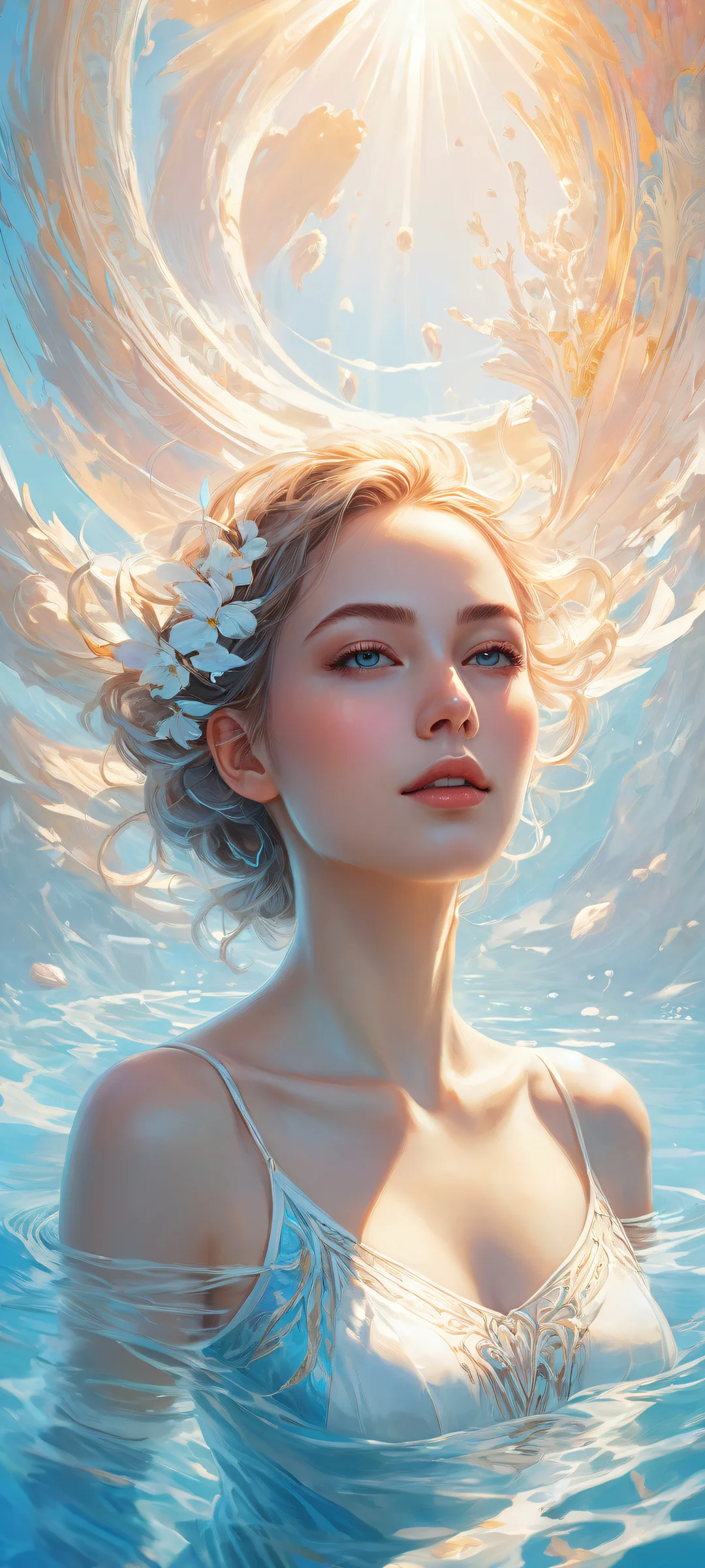 A serene portrait of video game girls amidst a stunning water body, perfekt optimiert für iPhone- und Android-Startbildschirme.