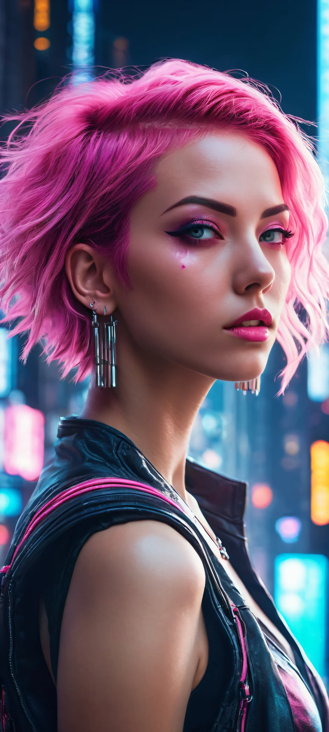 A stunning cyberpunk girl with pink hair against a vast void background, perfectly optimized for iPhone and Android home screens.
