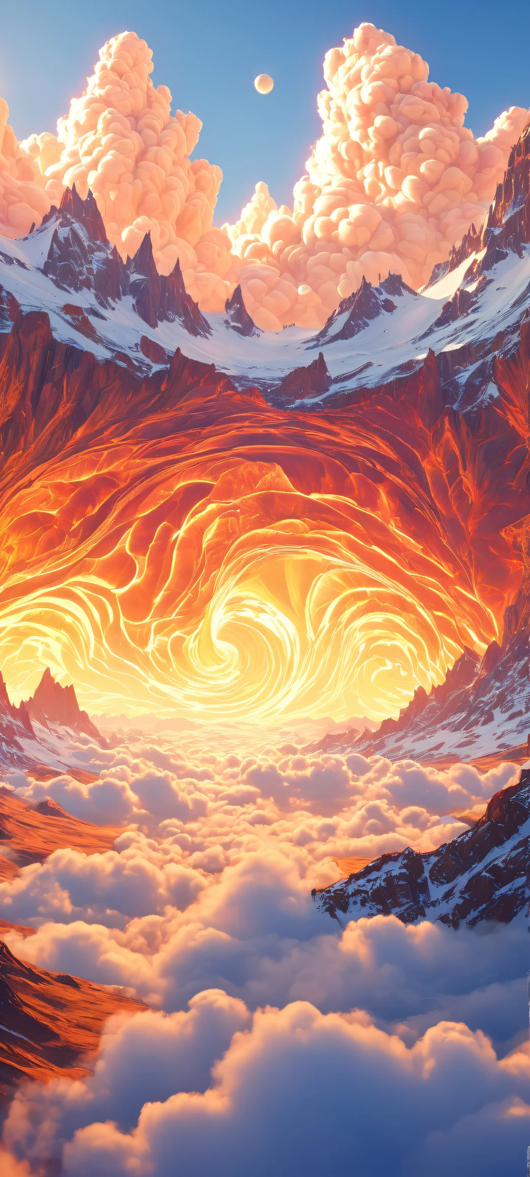 A breathtaking vertical portrait of Abstract Cloud Formation on iPhone/Android with knights, dragons, and mages in the lower-middle, surrounded by pristine void and vibrant colors.