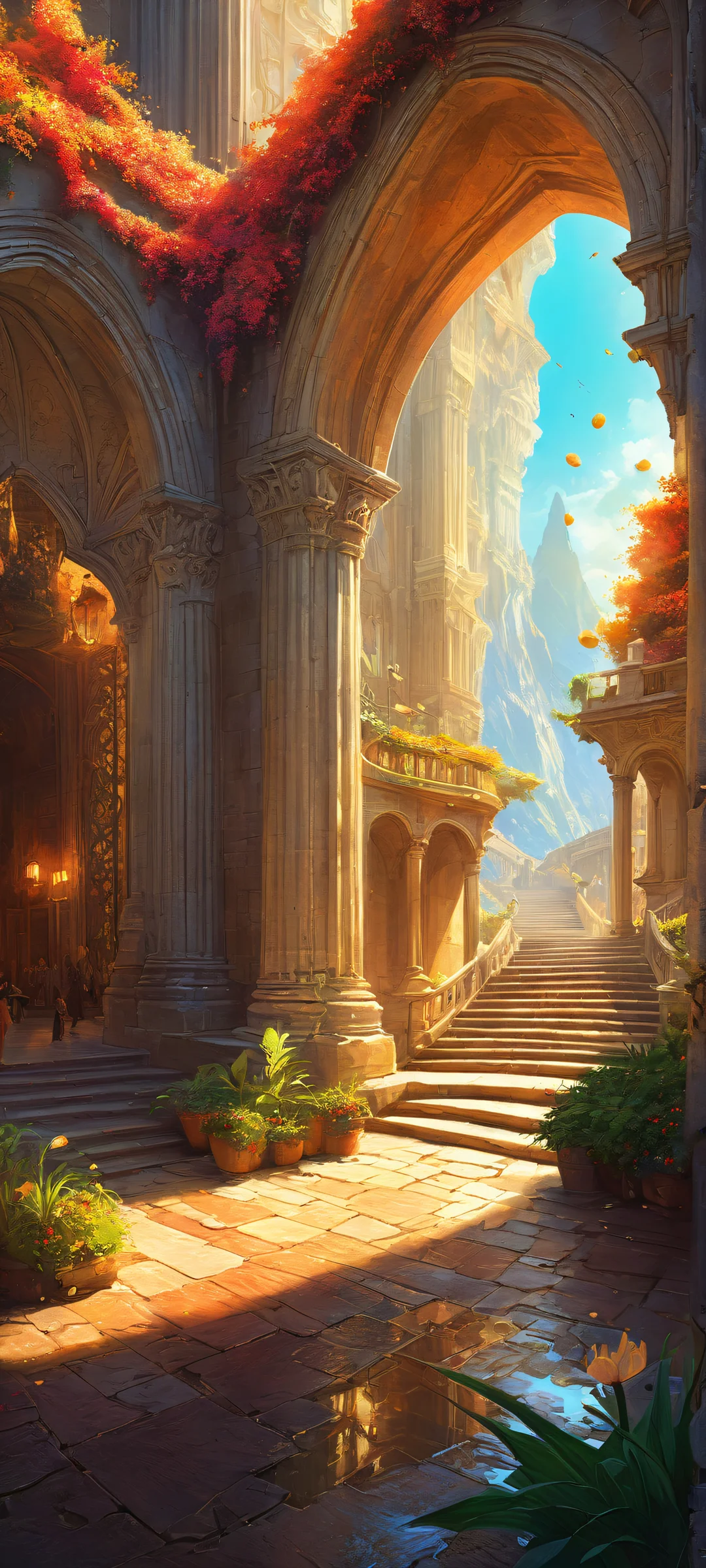 iPhone and Android mobile phone wallpaper featuring a stunning fantasy landscape with high-contrast colors, vibrant textures, and ray-traced reflections.