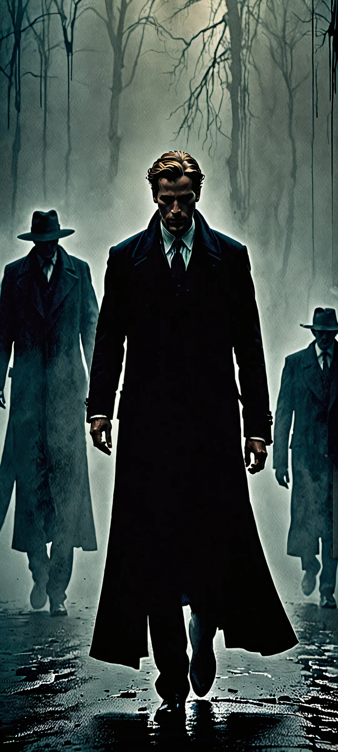 Mysterious figures amidst a dark-toned, foggy background, perfectly optimized for iPhone and Android home screens.