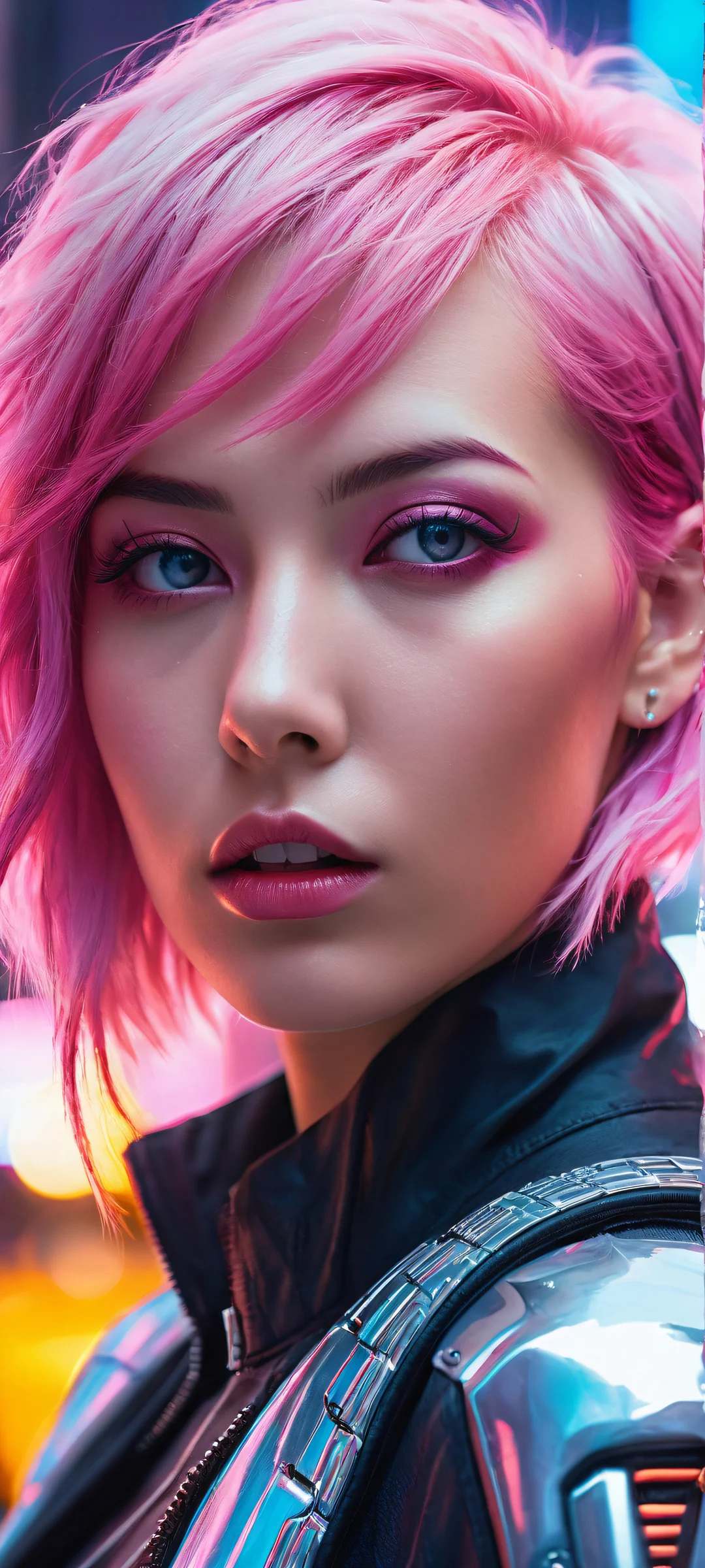 Pink-haired cyberpunk girl on a futuristic cityscape for iPhone/Android