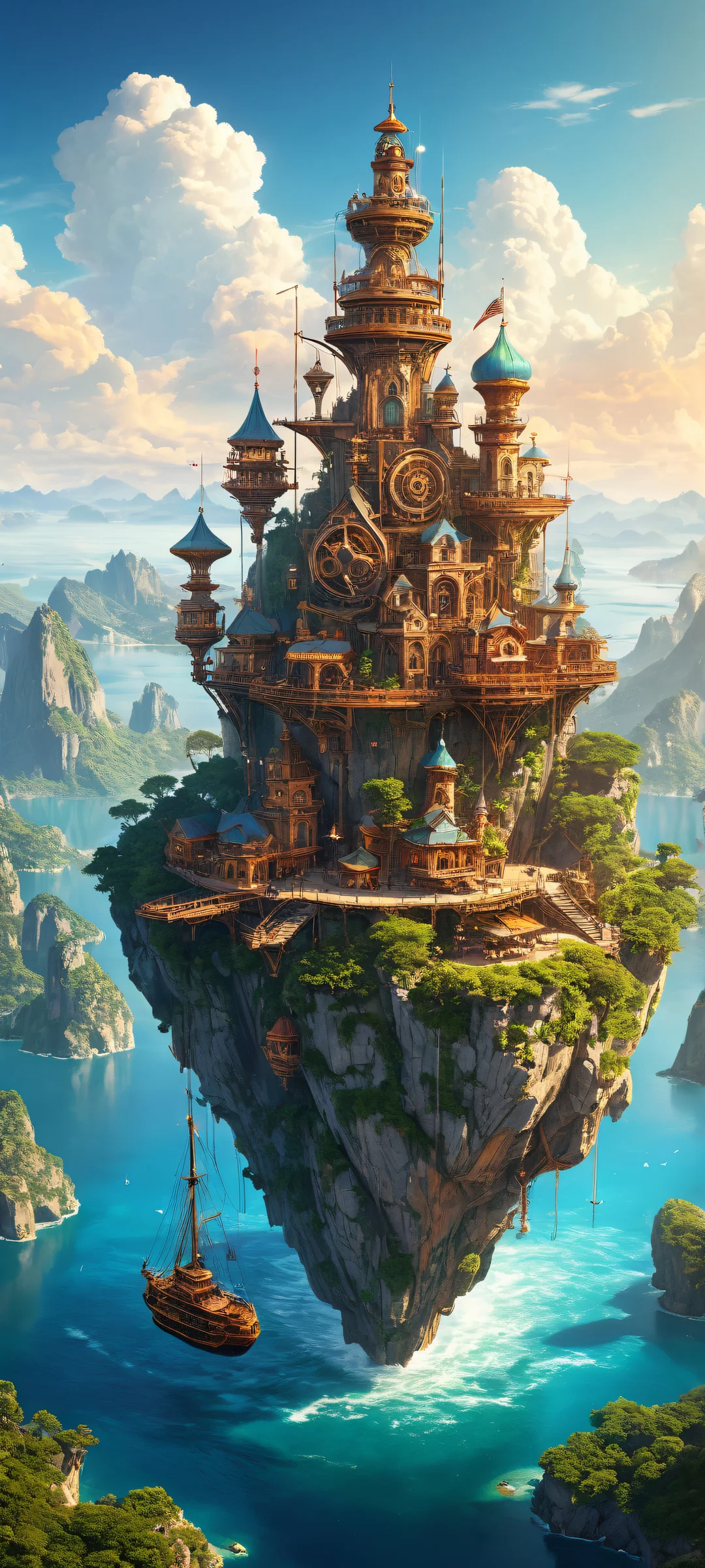 Ethereal Realms 2K Mobile Background Floating islands with steampunk machinery against a pure void background, perfectly optimized for iPhone/Android home screens.