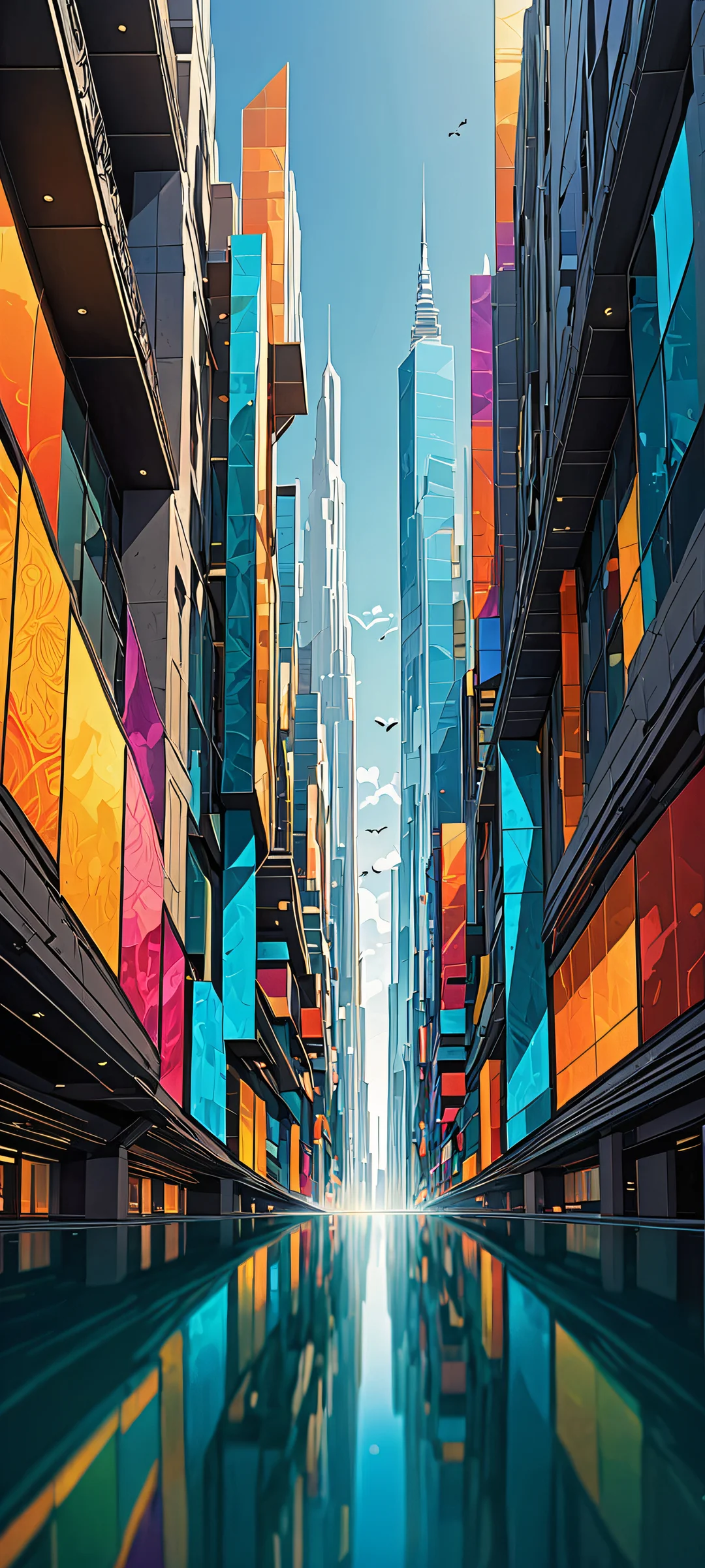 Minimalist abstract artwork featuring intricate architectural fragments and vibrant colors on iPhone/Android mobile screens.