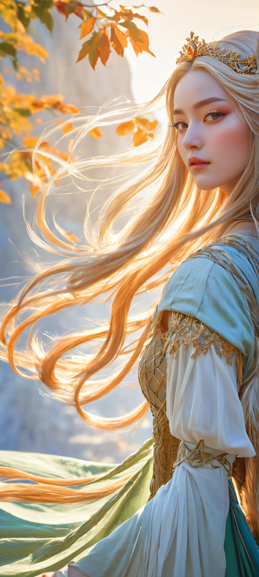 A breathtaking digital artwork of Columbina and Lumine on iPhone/Android home screens, with intricate micro-details and a serene landscape from Genshin Impact.