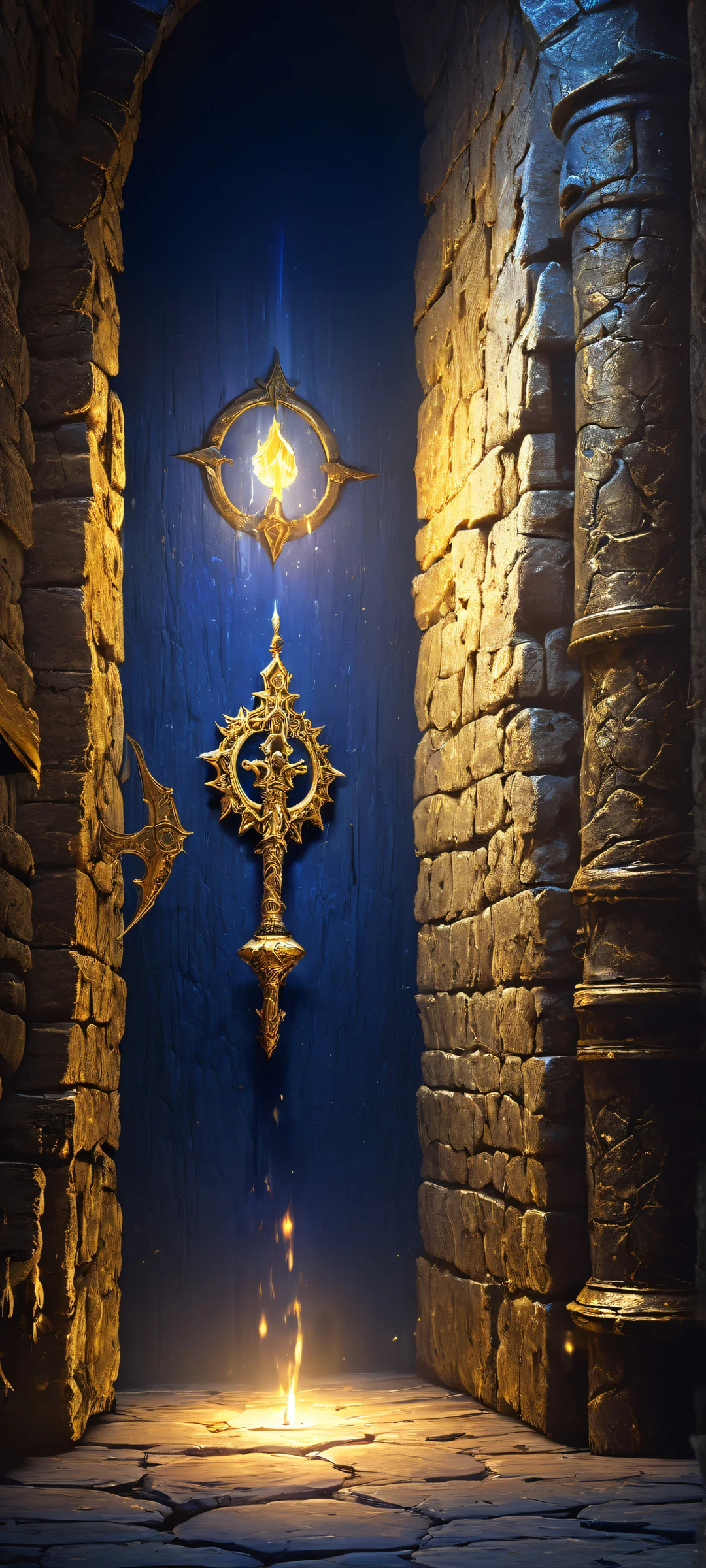 A breathtaking vertical mobile phone wallpaper featuring a mage standing in front of a dungeon entrance with golden and dark blue tones. Perfectly optimized for iPhone, Samsung Galaxy, and Android home screens.