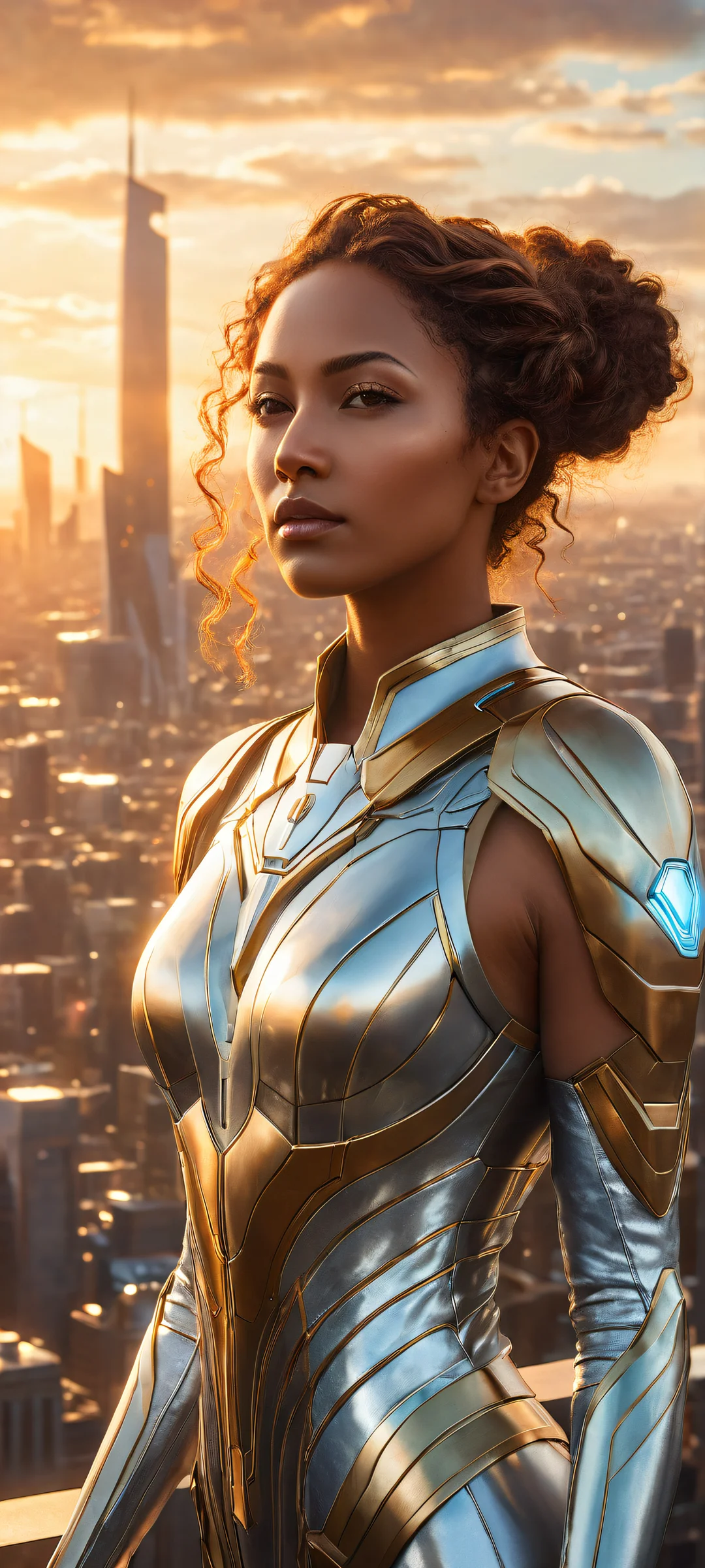 A stunning digital artwork of CGI Video Game Girls amidst a futuristic cityscape at sunset, iPhone と Android のホーム画面に完全に最適化.