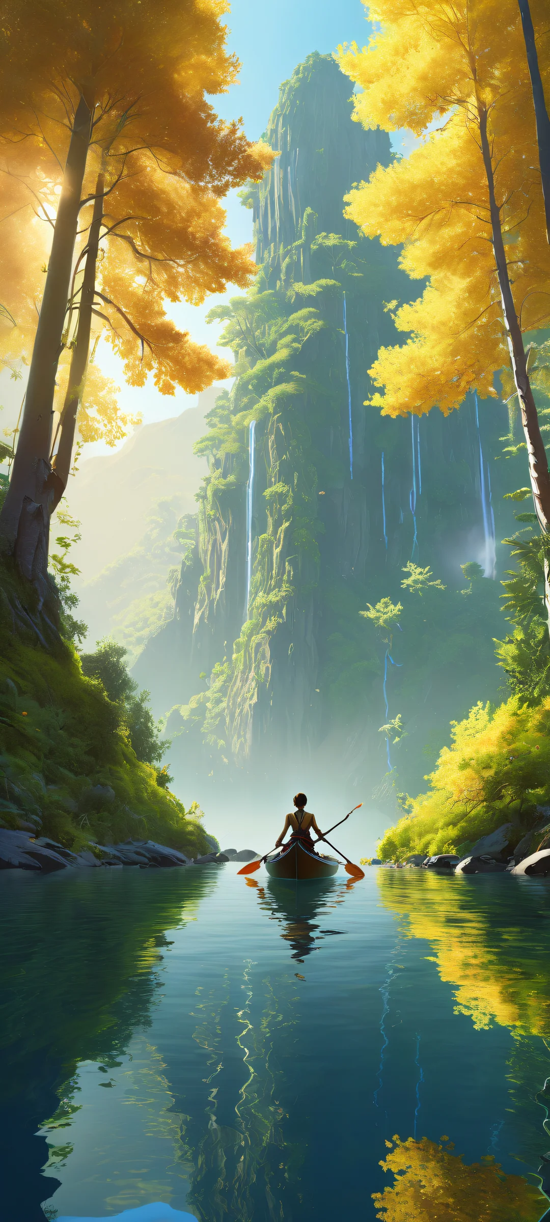 Ethereal Realms 2K QHD Mobile Wallpaper Video game characters amidst a serene forest landscape on an iPhone/Android home screen with breathtaking visuals and perfect clarity.