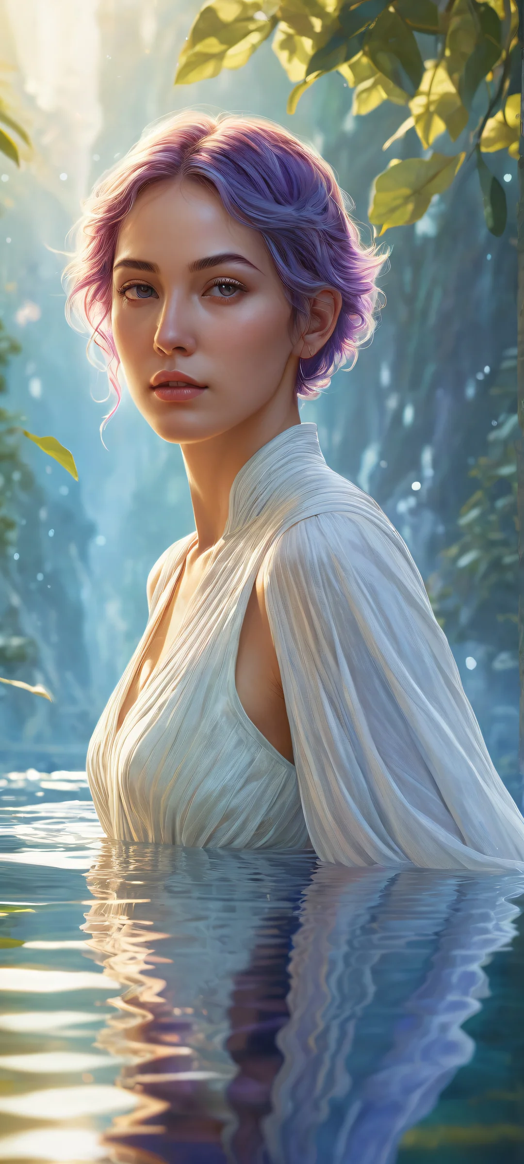 Video game girls in a serene outdoor environment with water reflections, iPhone/Android compatible wallpaper.