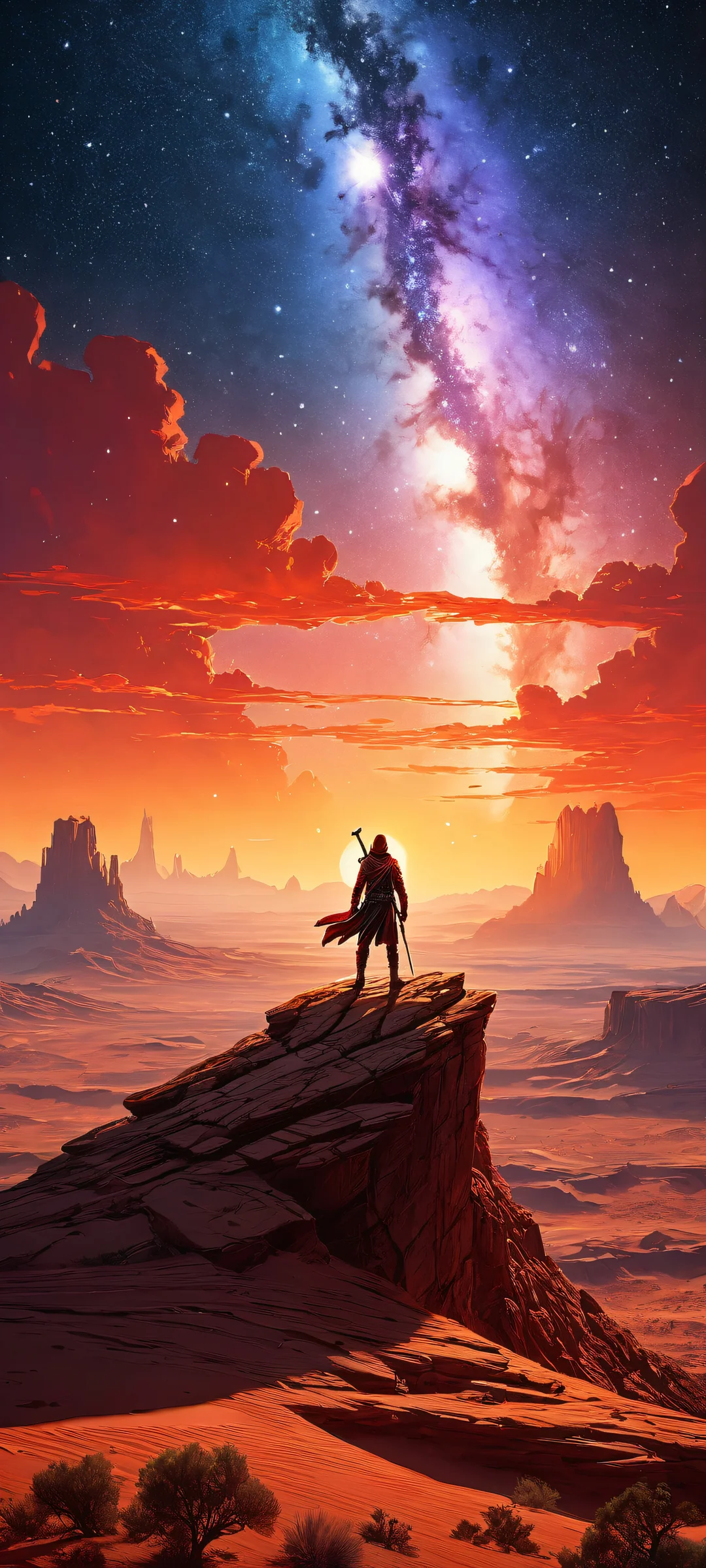 iPhone and Android users will be mesmerized by this stunning digital artwork featuring video game characters against a starry night sky with a crimson-hued desert landscape below.