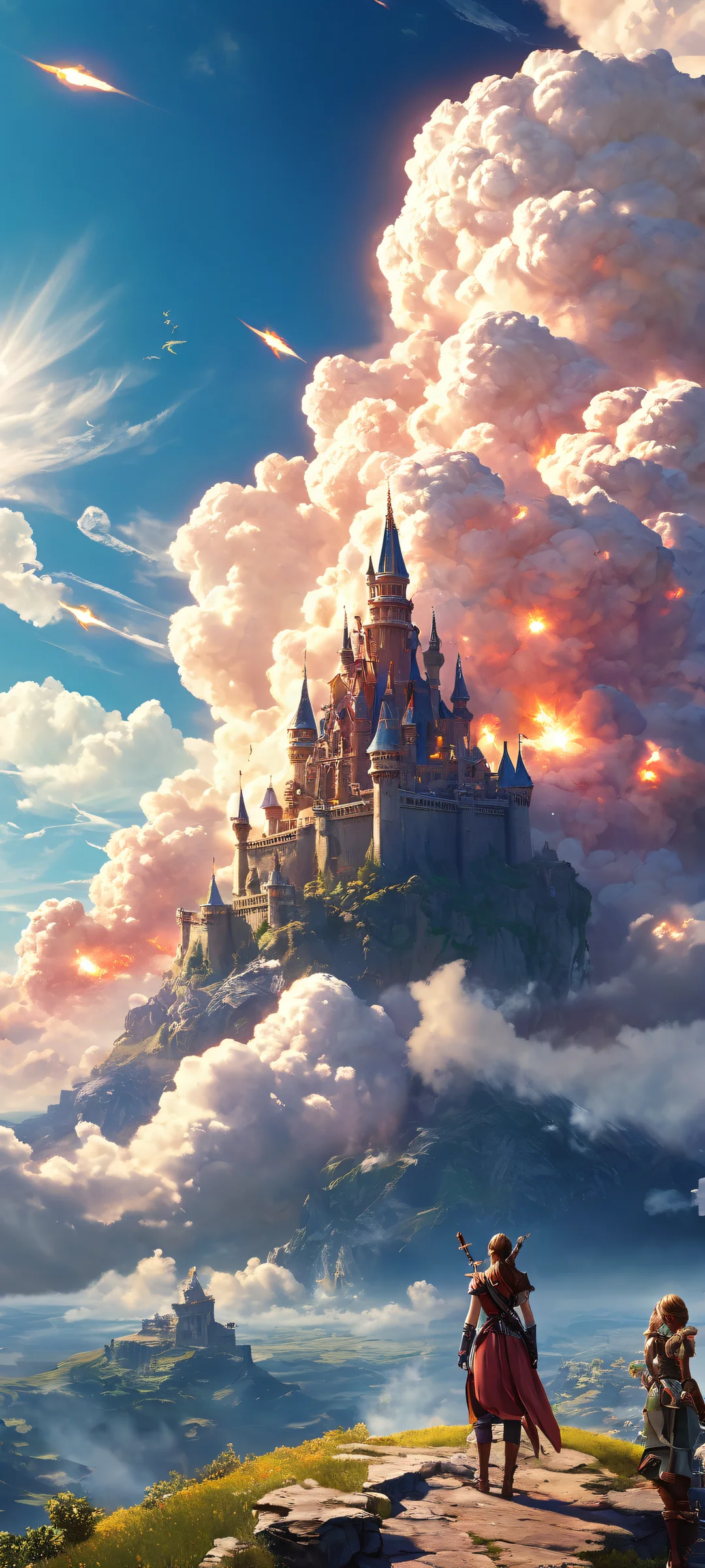 Epic fantasy landscape featuring video game characters and clouds on a bright, radiant background - perfect for iPhone or Android home screens.