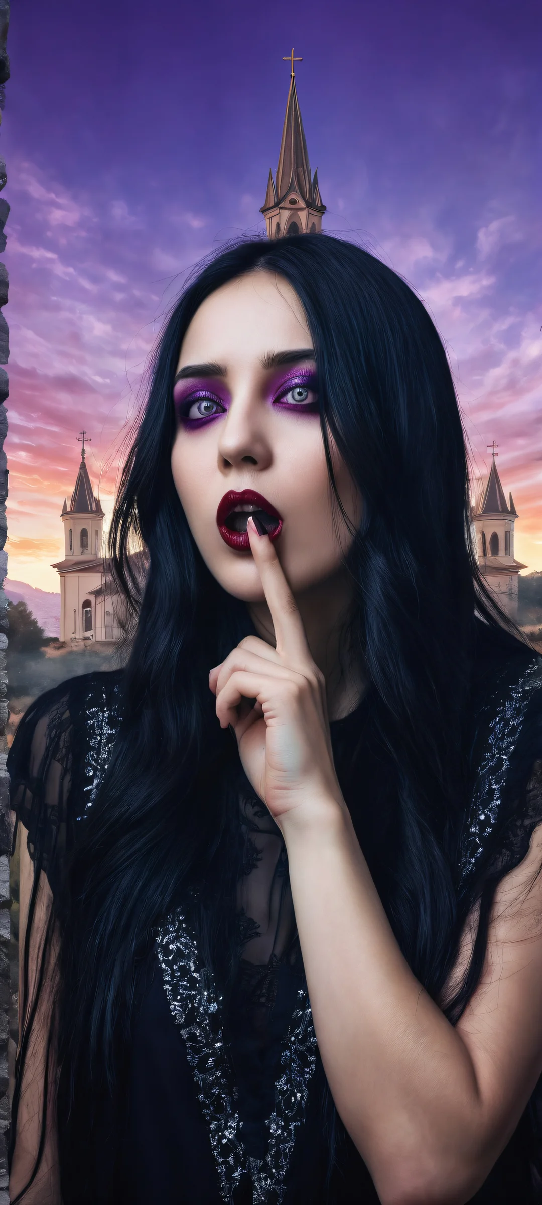 A gothic beauty poses with finger at mouth, her eyes blurred by a glitched censor bar, set against a stunning LA backdrop. Perfectly optimized for iPhone and Android home screens.