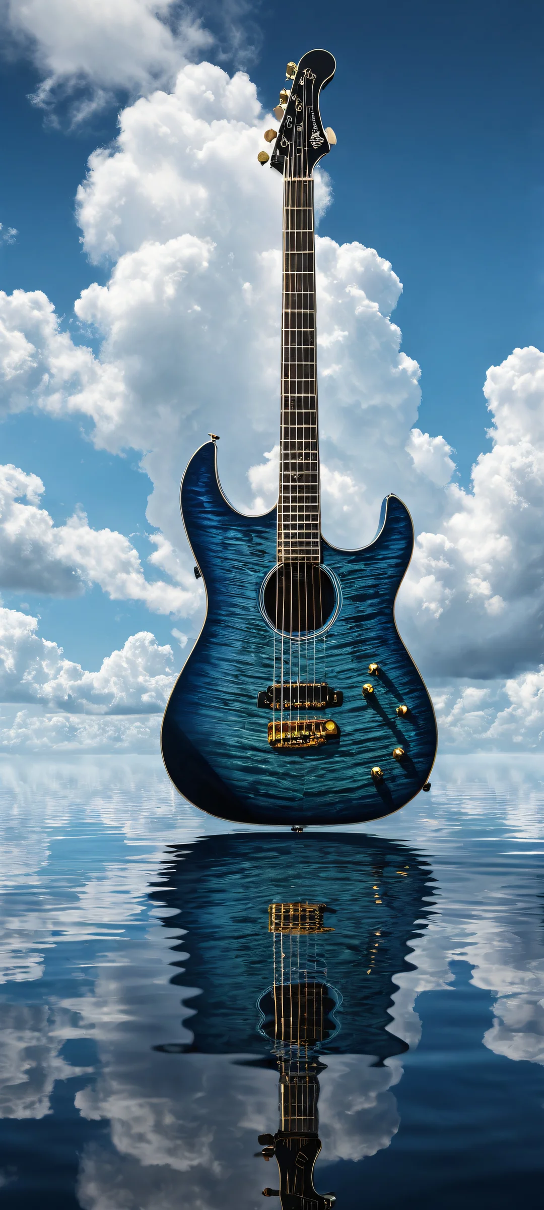 iPhone/Android compatible wallpaper featuring a breathtaking vertical portrait artwork of a band logo and micro-details, set against a serene 16:9 sky background with soft clouds and a distant boat.