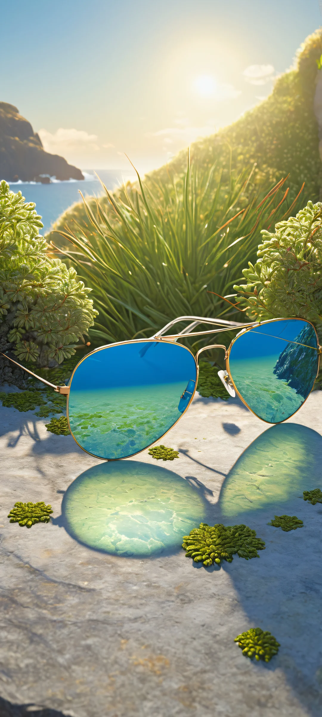 A pair of reflective sunglasses sits on a textured stone surface adorned with intricate lichen and moss, perfect for your iPhone/Android device.