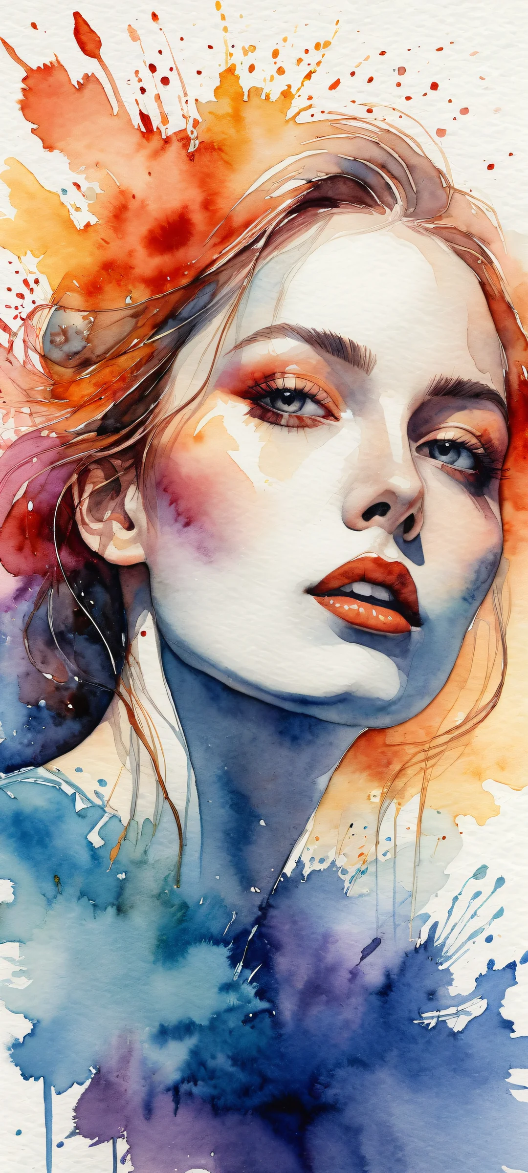 iPhone and Android owners, behold! This hauntingly beautiful watercolor artwork perfectly complements your device's home screen, with a dominant palette of muted blues and purples accented by vibrant splashes of orange and red.