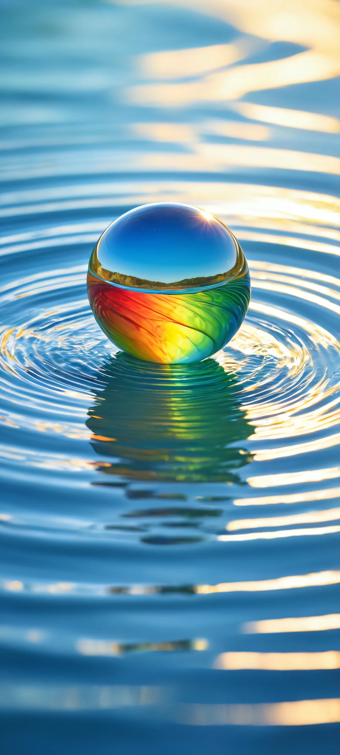 A glass marble with a rainbow-colored liquid center falls into still water on an iPhone or Android phone.