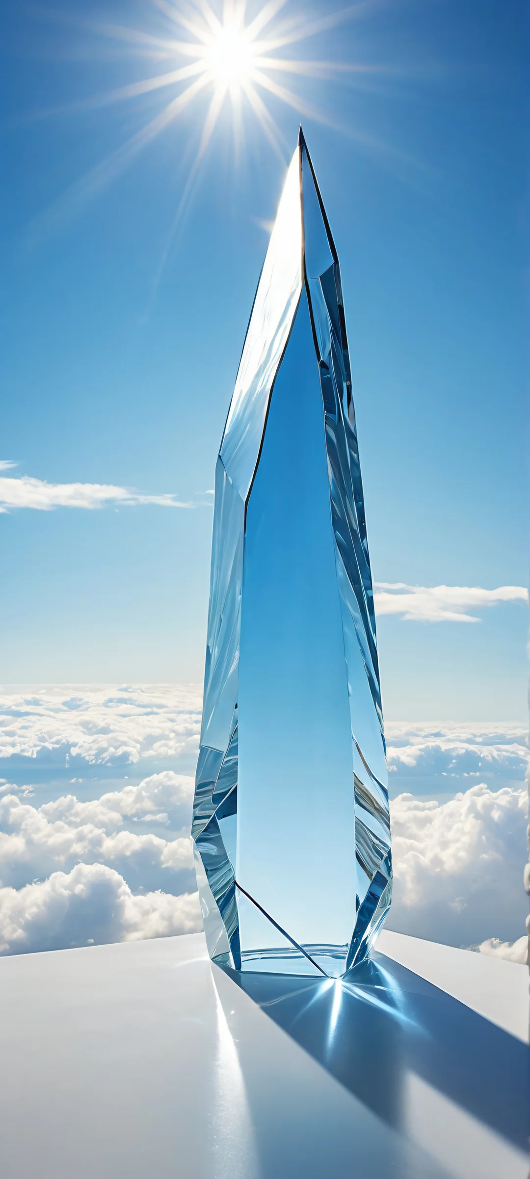Delicate glass shard refracting light on a vast blue sky with clouds, parfaitement optimisé pour les écrans d'accueil iPhone/Android.