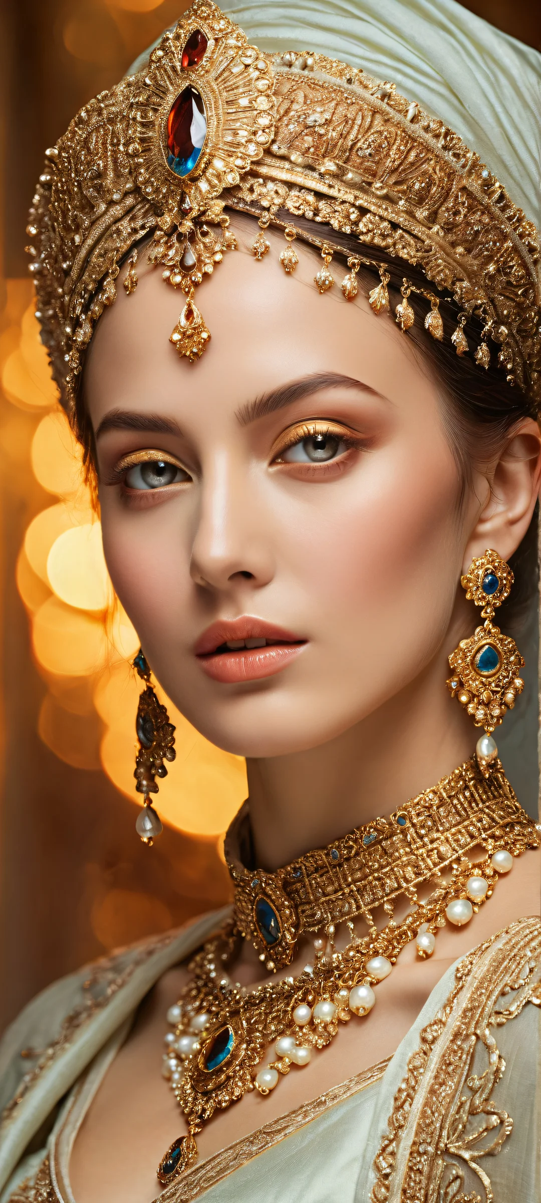 A stunning European woman's portrait with intricate details on a richly detailed background, perfect for iPhone/Android home screens.