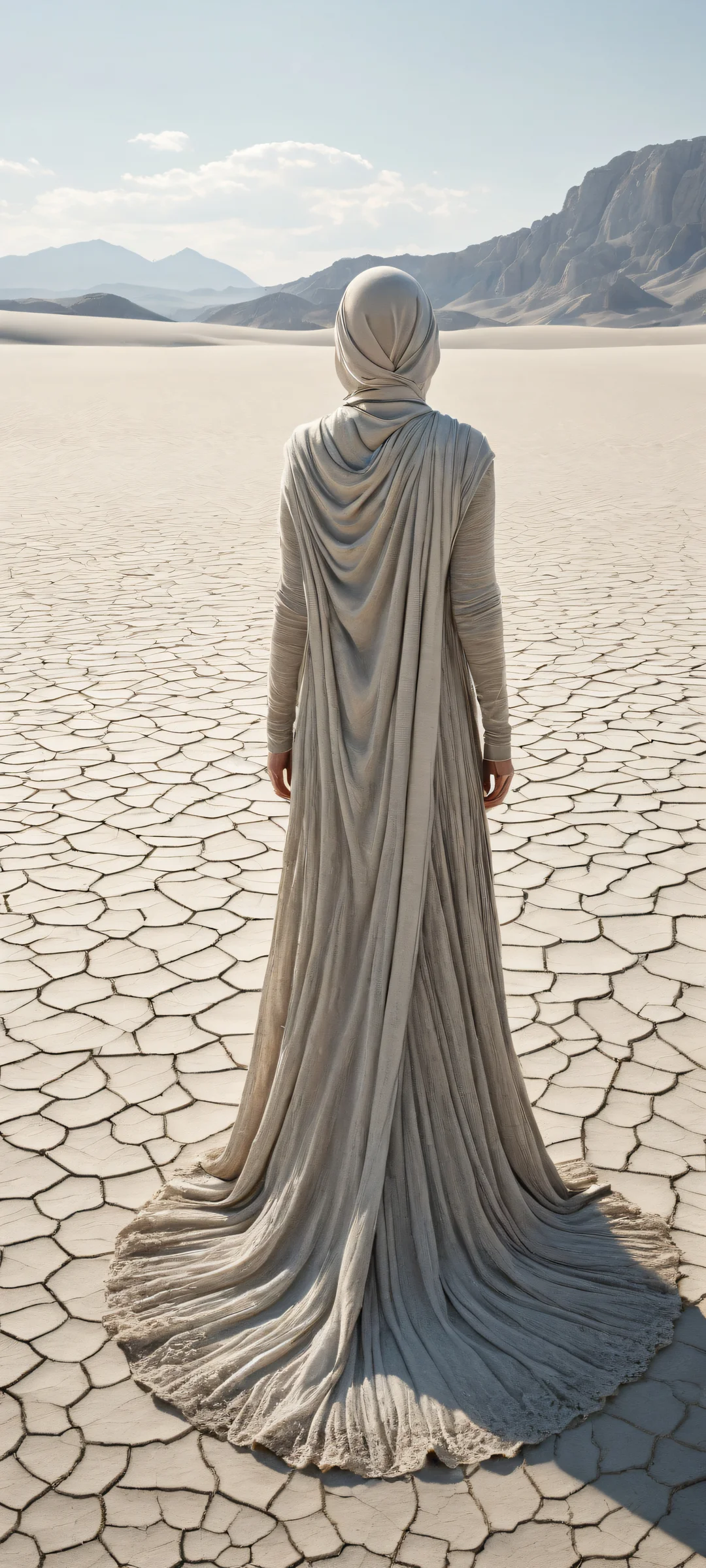 A figure stands in an open barren land, covered in ash-like fabric, with a vast pure void background and ethereal lighting.