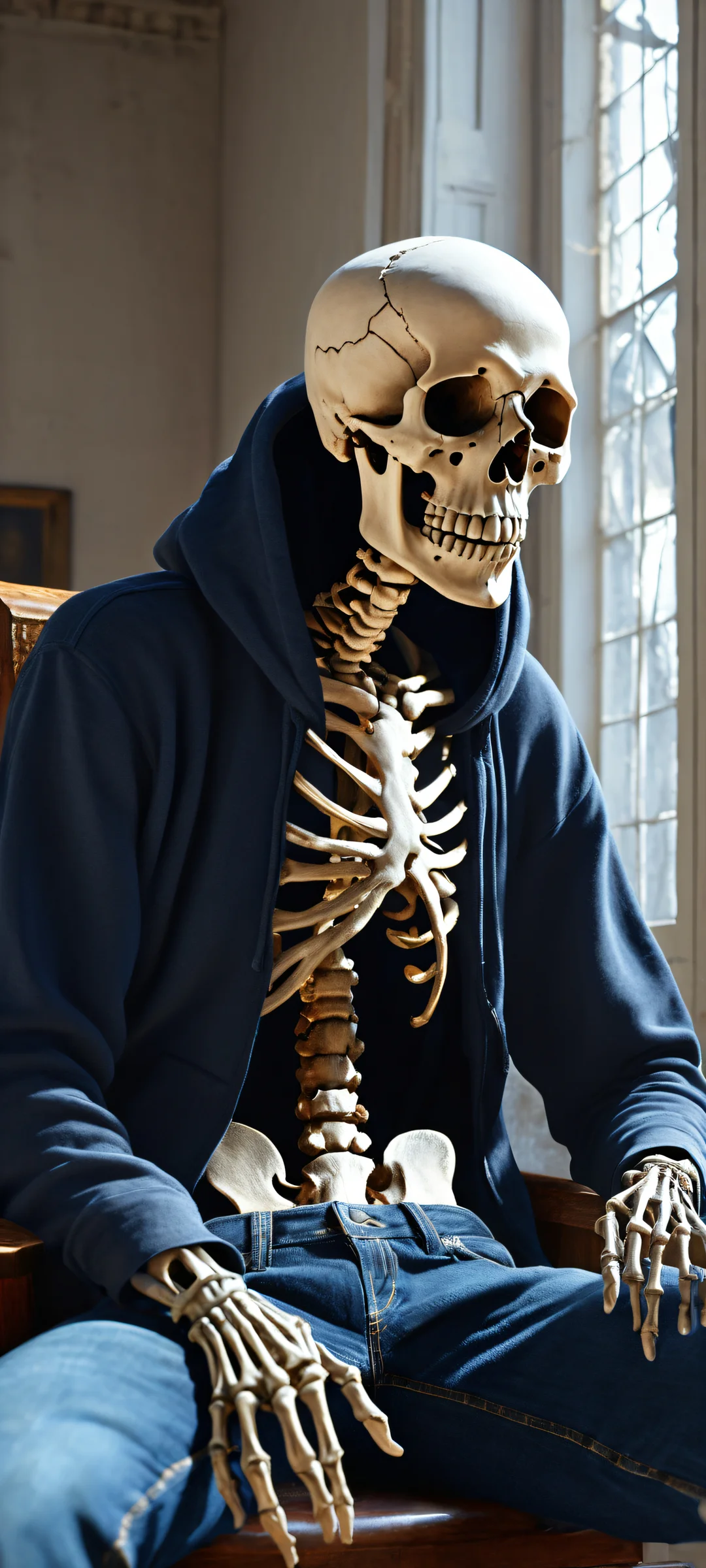 An ancient skeleton wearing blue jeans and a black hoodie sits at a desk, surrounded by cobwebs and decay. iPhone/Android users, immerse yourself in this breathtaking digital art, perfectly optimized for your home screen.