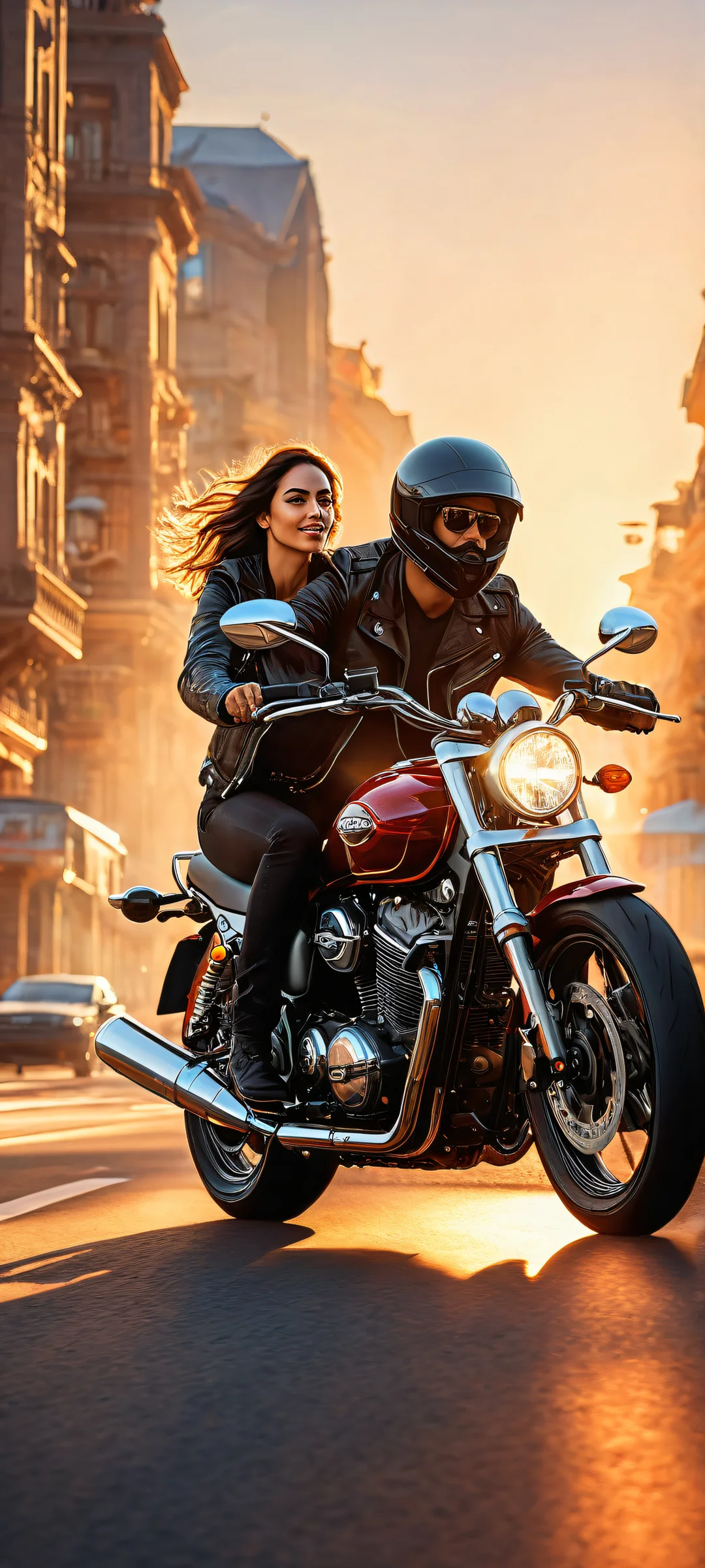 Couple riding a motorcycle with intricate details on iPhone/Android