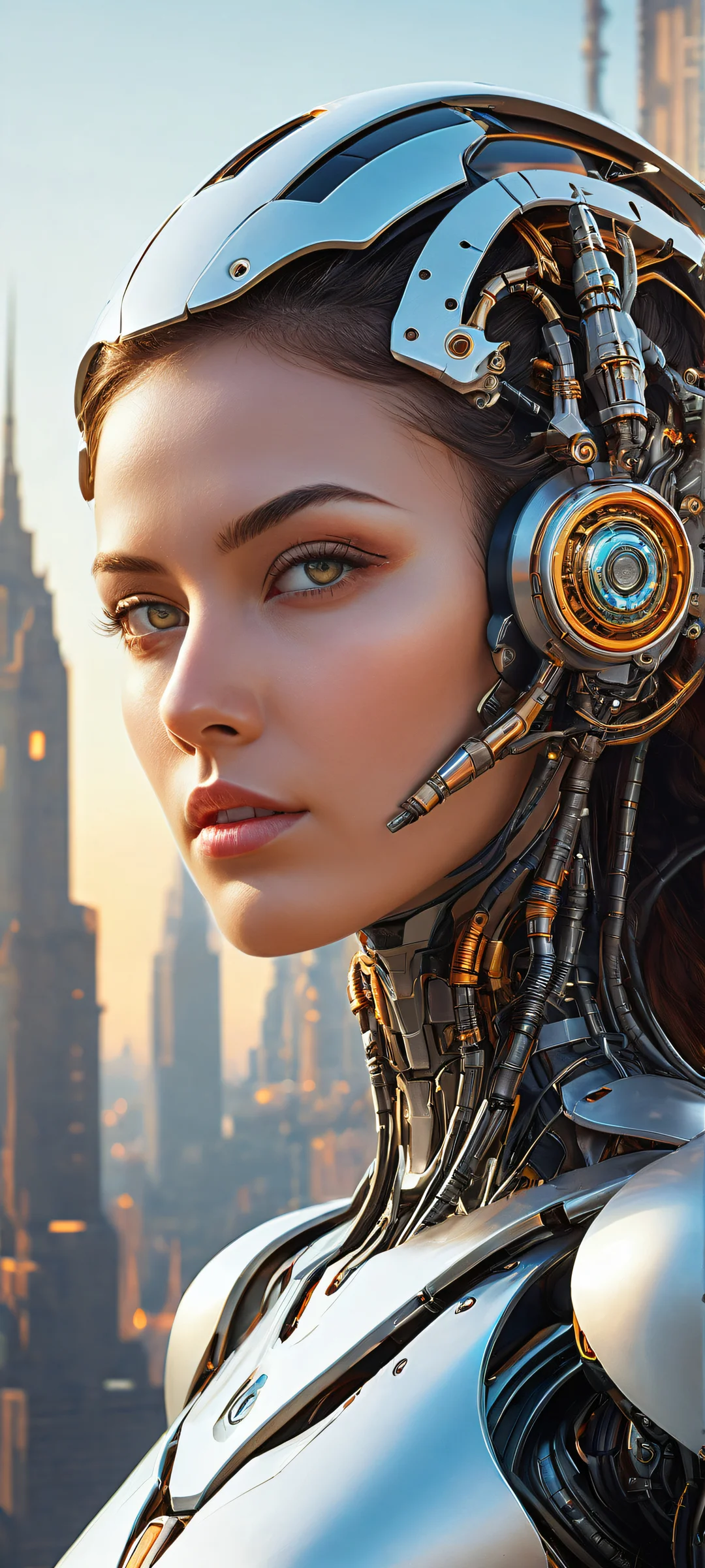 iPhone and Android mobile wallpaper featuring a stunning portrait of Robot Girl surrounded by futuristic interfaces and mechanical components, with an ethereal cityscape in the background.