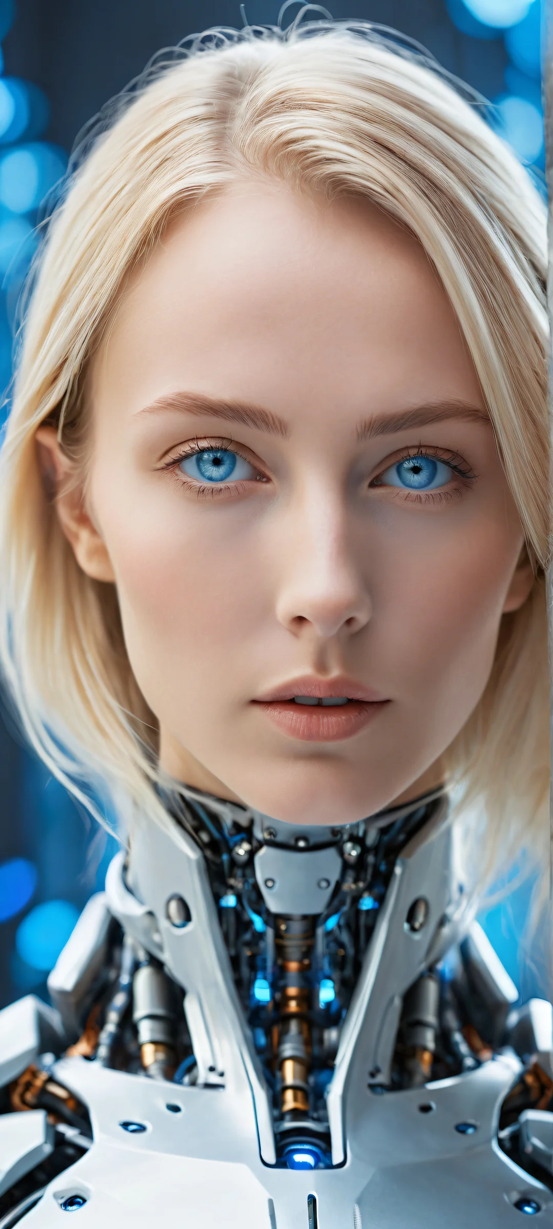 M3GAN robot portrait on iPhone or Android phone background with radiant blue hues and award-winning digital art.