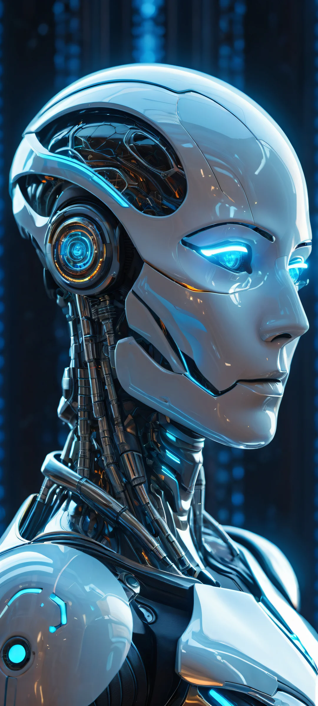 A futuristic robot in a stunning vertical portrait with intricate details, Perfekt saubere obere Hälfte für die Benutzeroberfläche, iPhone/Android wallpaper.
