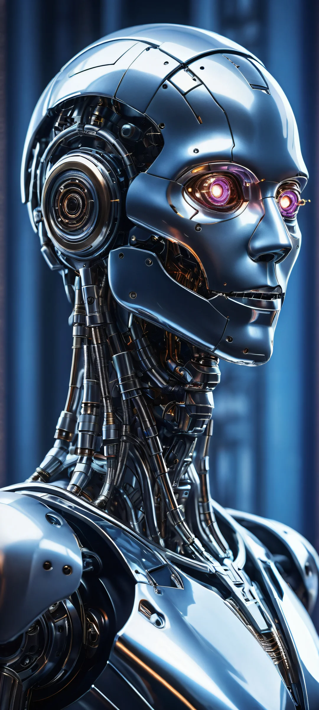 A futuristic robot placed in a void with ethereal lighting and reflections on its metallic surface. Perfect for iPhone/Android home screens.