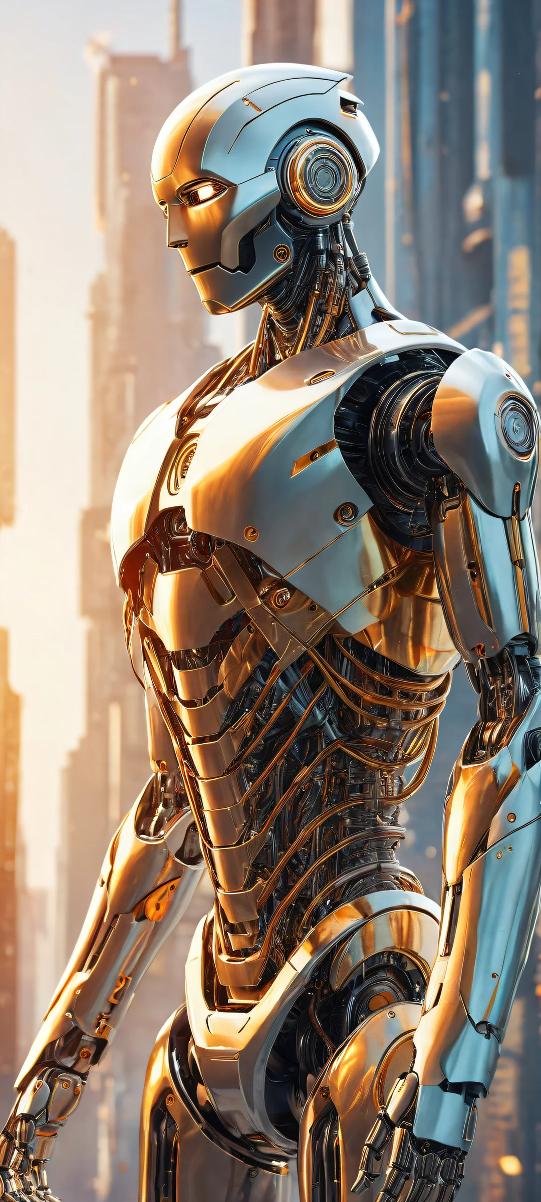 Ethereal Robot Portrait QHD Phone BackgroundiPhone/Androidのホーム画面に最適 A stylized robot with intricate micro-details on a pristine void background, perfect for iPhone/Android home screens.