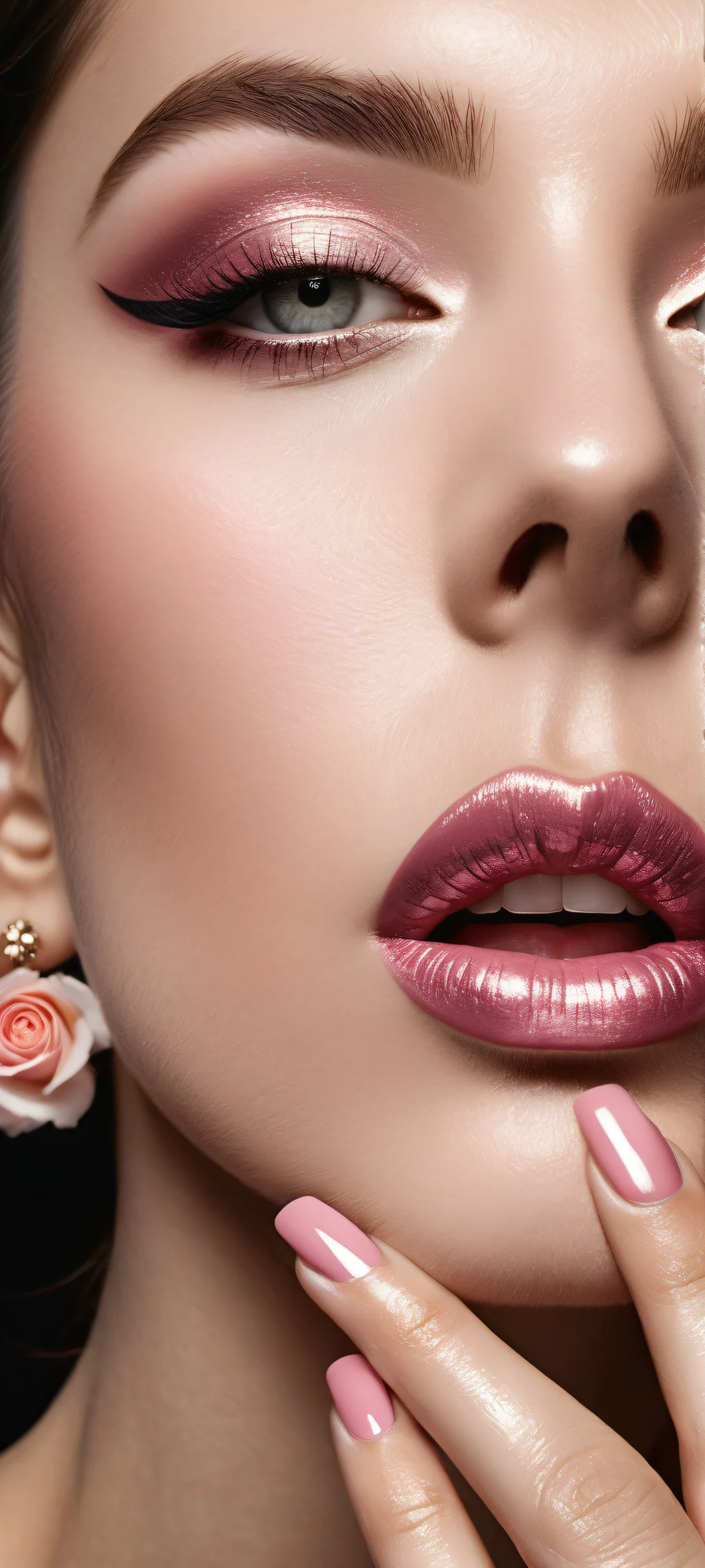 A beautiful portrait of a girl with a delicate pink rose on iPhone/Android mobile wallpaper