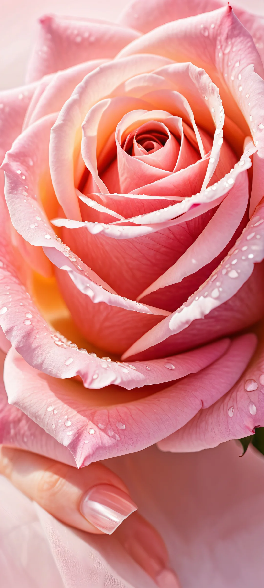 A delicate rose placed in the lower-middle of a girl's fingernails on an iPhone or Android phone, with a serene pink background and intricate micro-details.