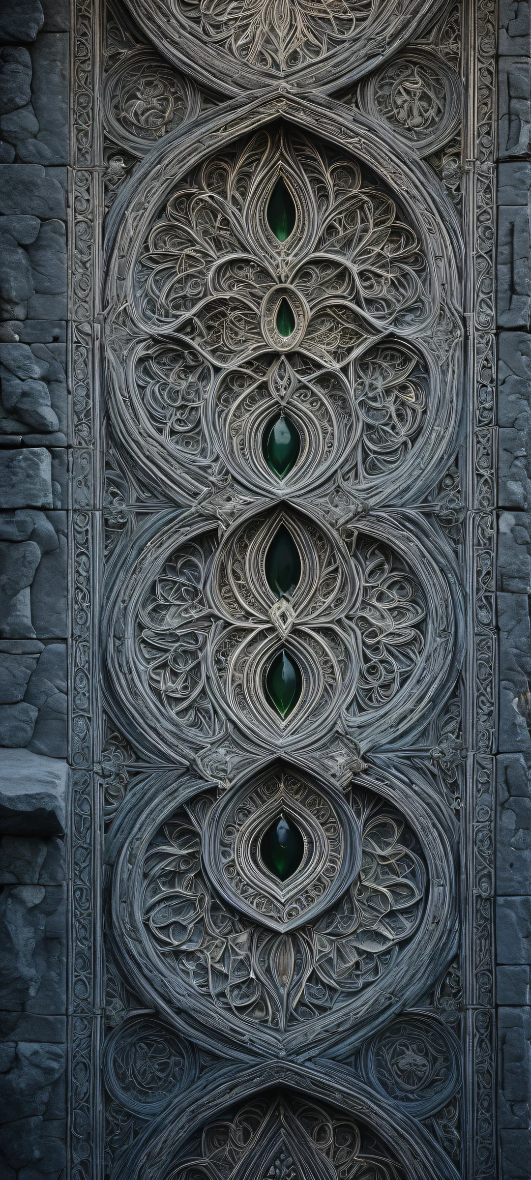Ancient stone architecture with intricate details on iPhone and Android screens