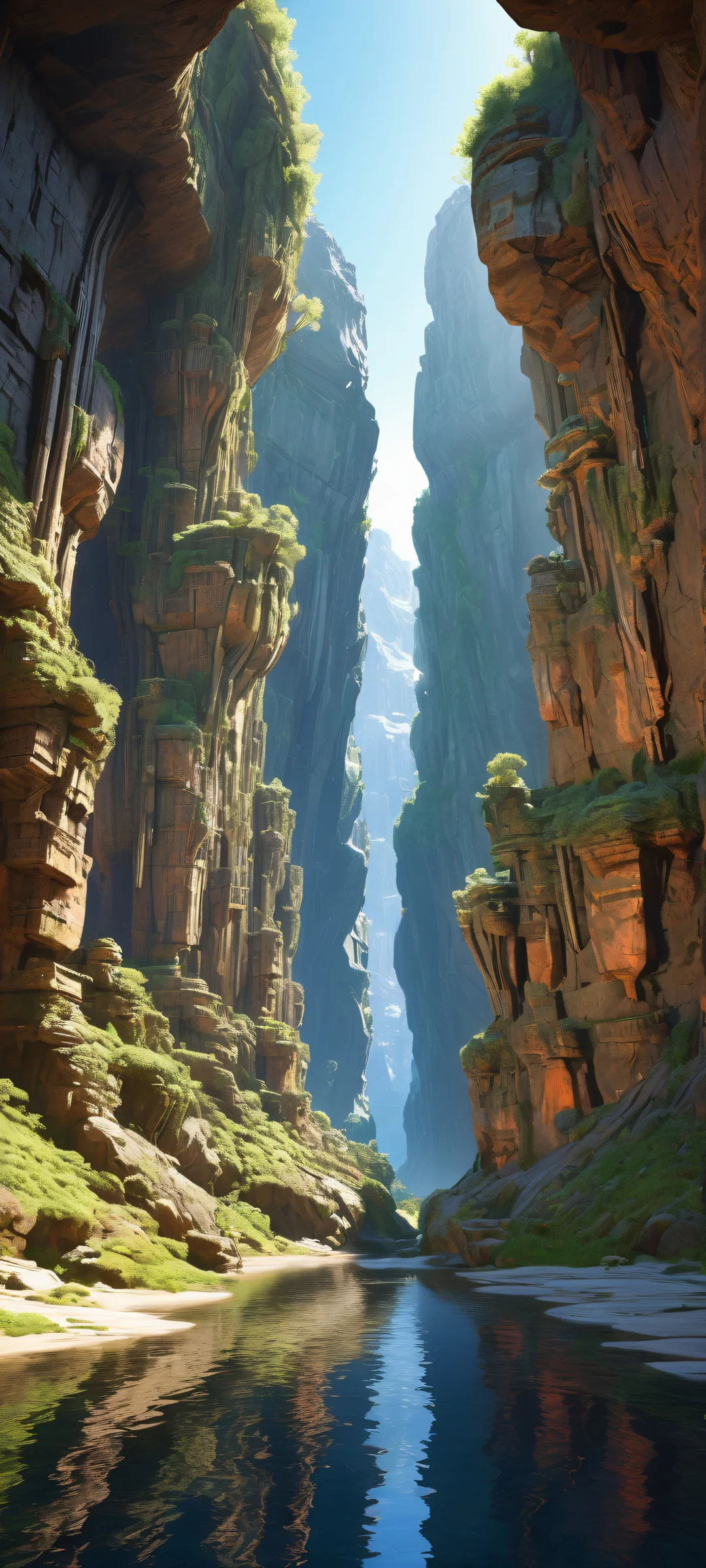 A colossal technological device stands amidst ancient mossy growths and faded glowing runes on a pristine voided background - iPhone/Android compatible.